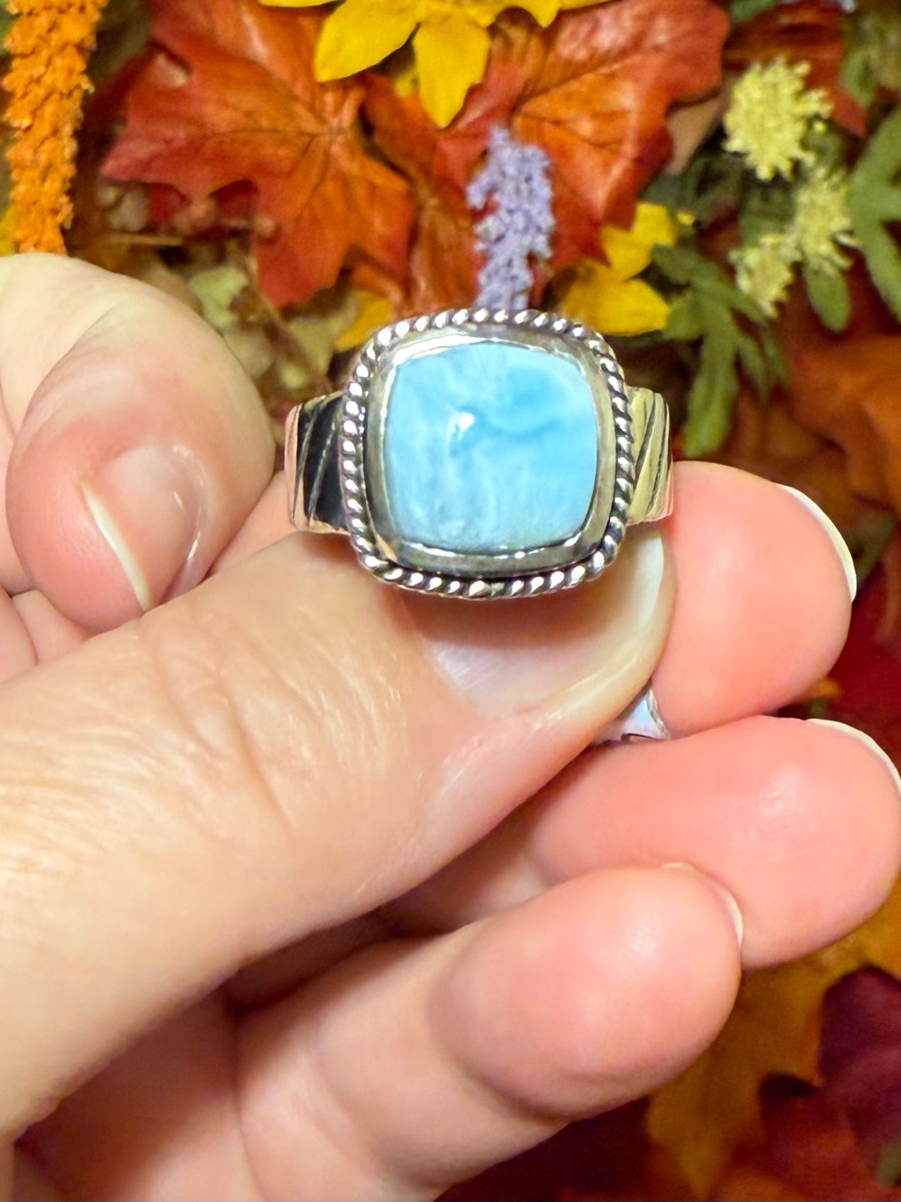 Larimar Sterling Silver Ring, Decorative Mount, size 8-1/2