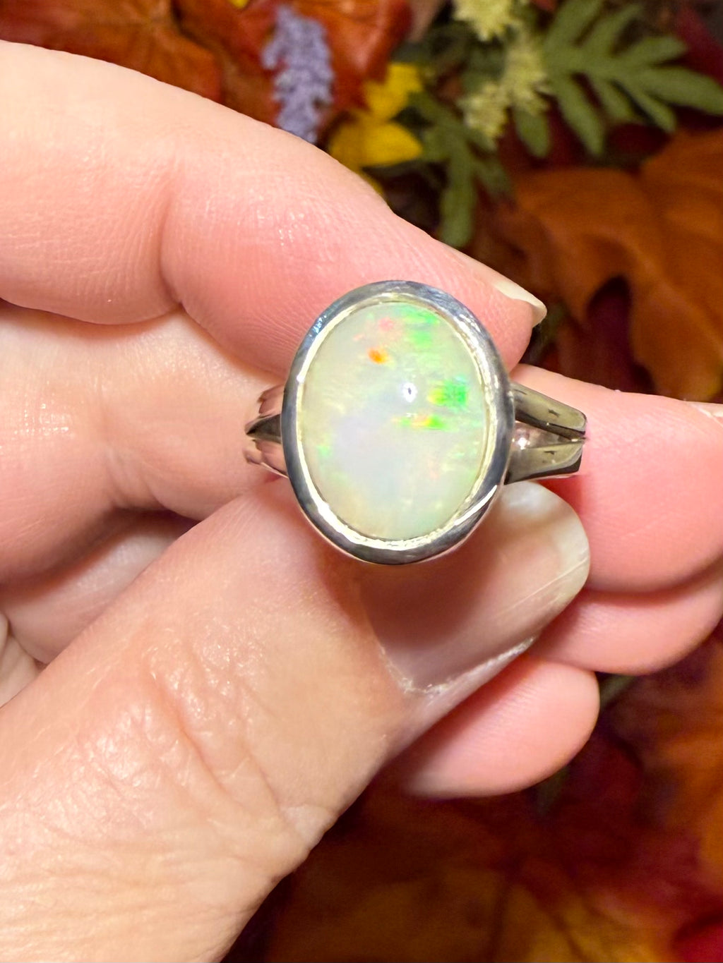 Ethiopian Opal Cabochon Sterling Silver Ring, size 9