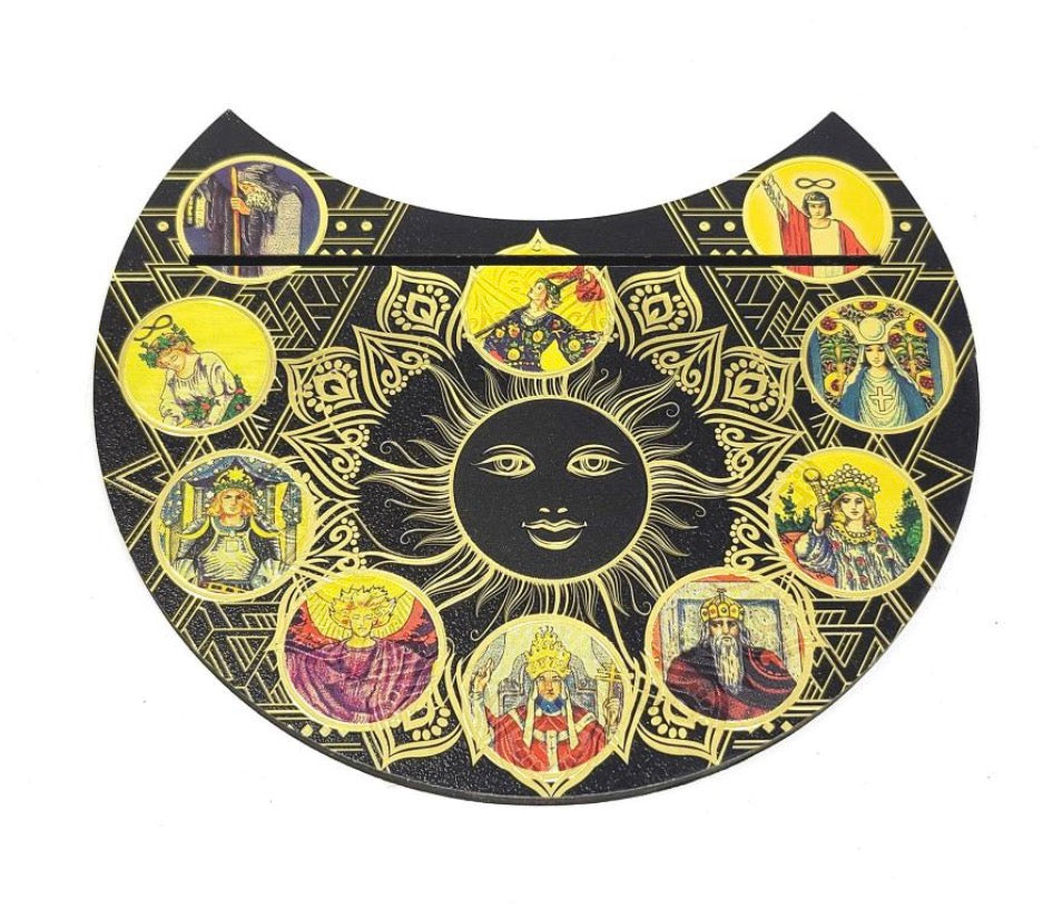 5” Wooden Crescent Moon Sun Tarot Card Holder
