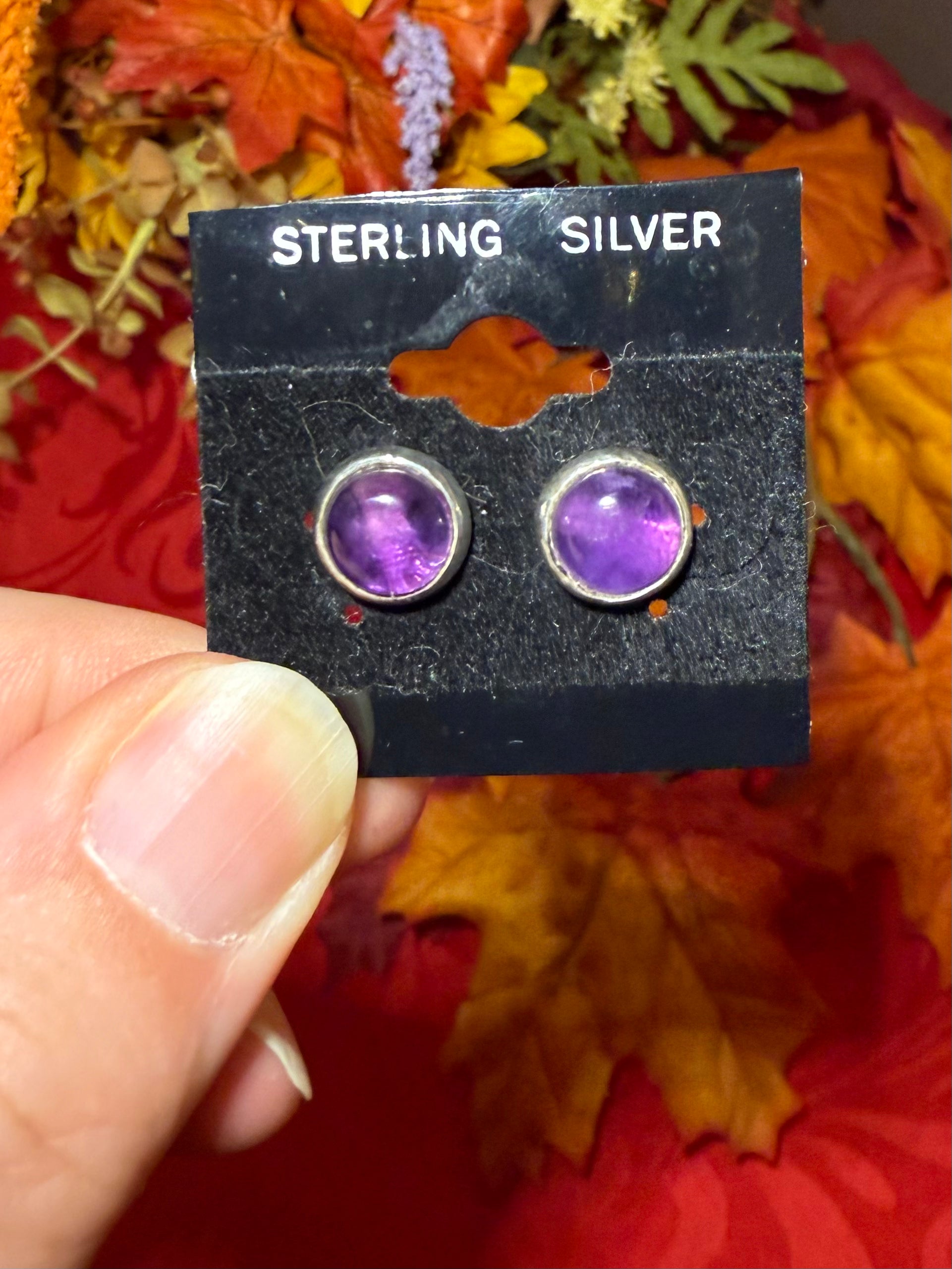 Amethyst Cabochon Sterling Silver Stud Pierced Earrings