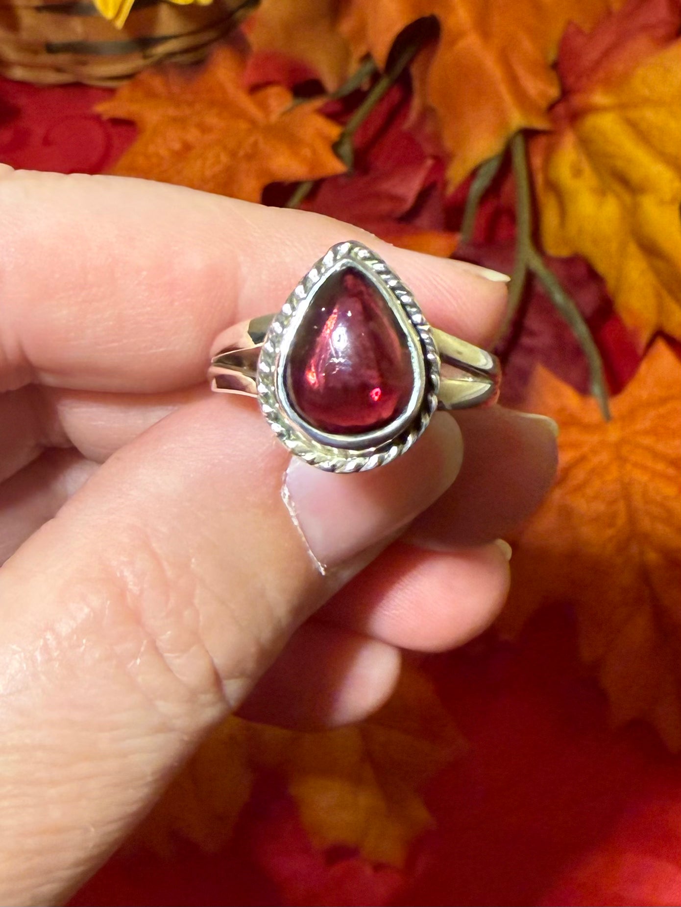 Garnet Cabochon Sterling Silver Ring, size 9-3/4