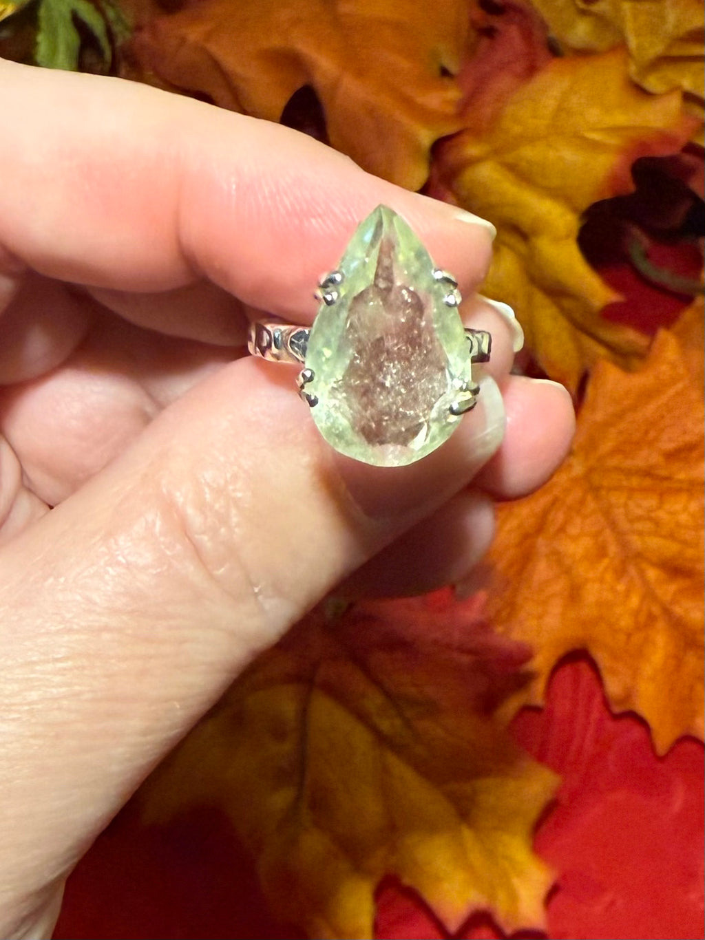 Faceted Libyan Desert Glass Sterling Silver Embossed Band Ring, size 6-1/4