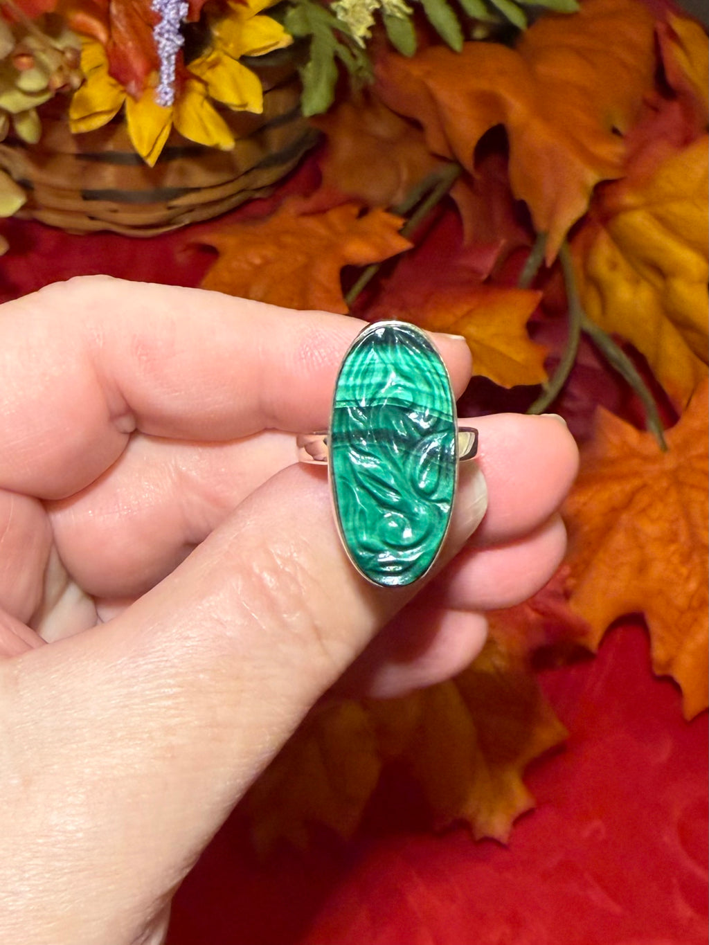 Carved Malachite Sterling Silver Ring, size 8