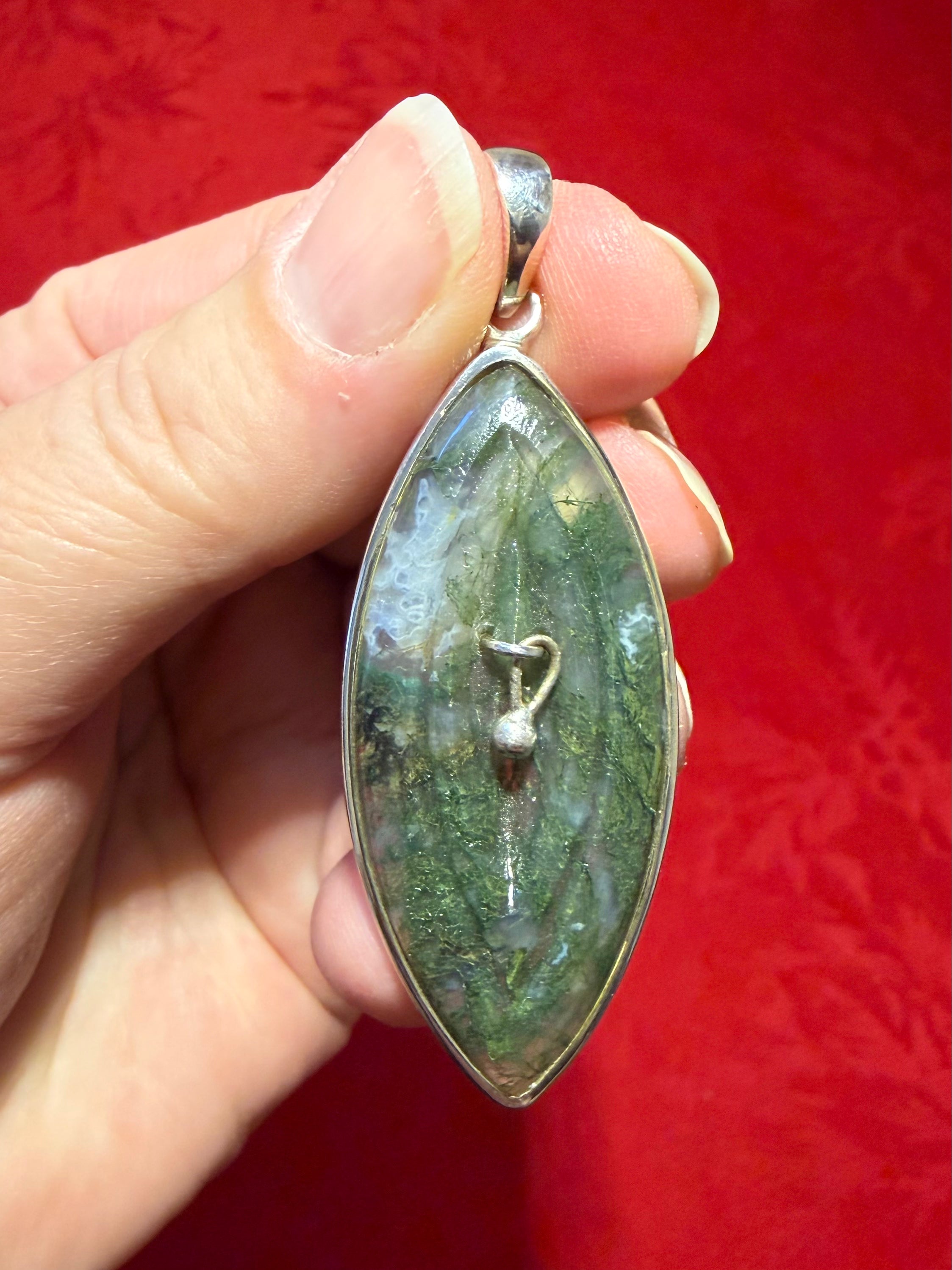 Carved Moss Agate Pierced Yoni Sterling Silver Pendant