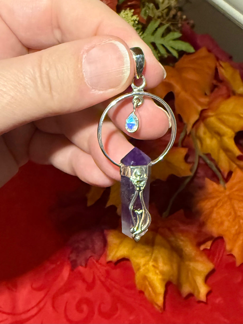 2.5” Amethyst DT Point & Faceted Rainbow Moonstone Sterling Silver Cat Pendant