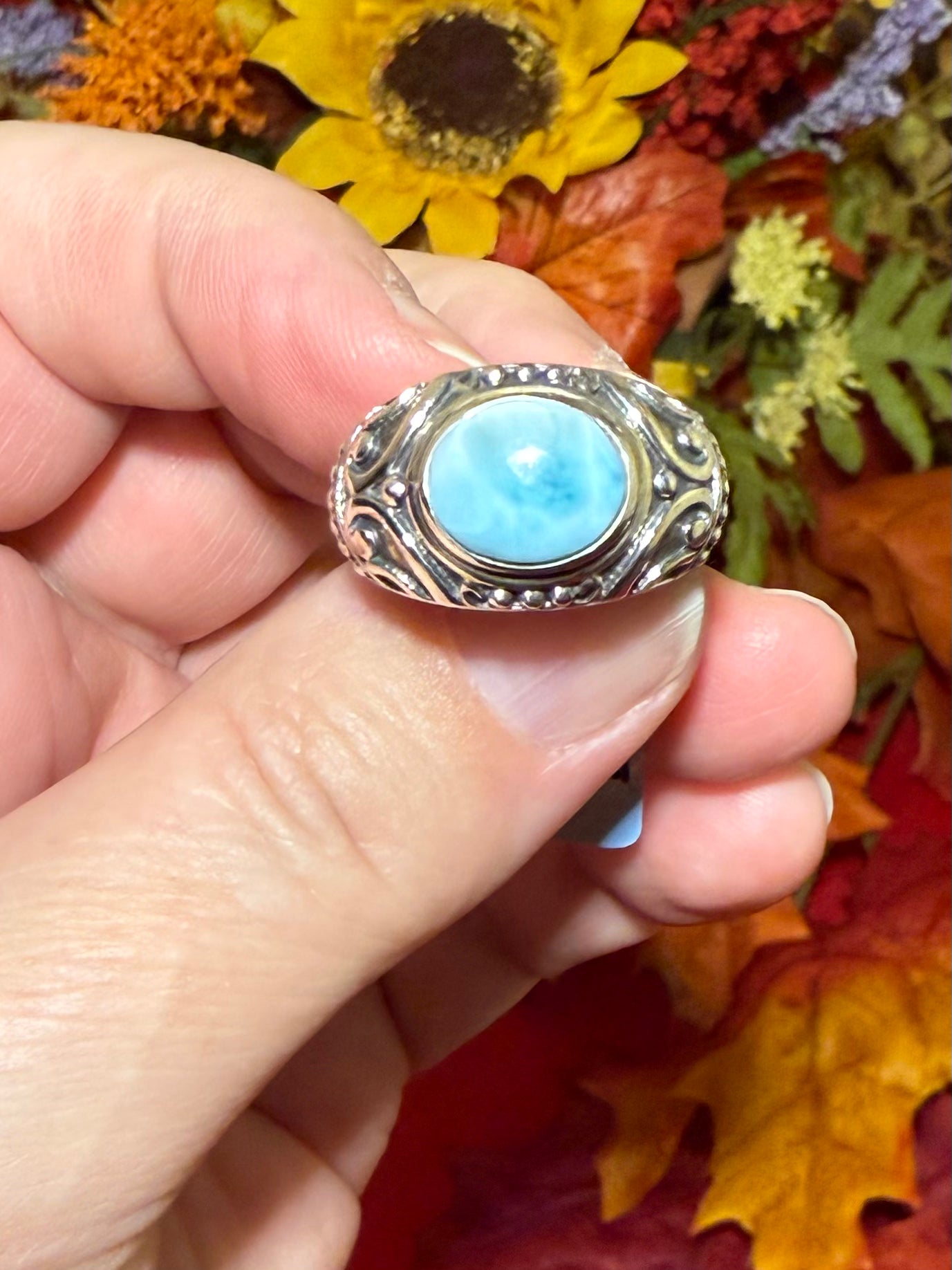 Larimar Sterling Silver Ring, Decorative Mount, size 8