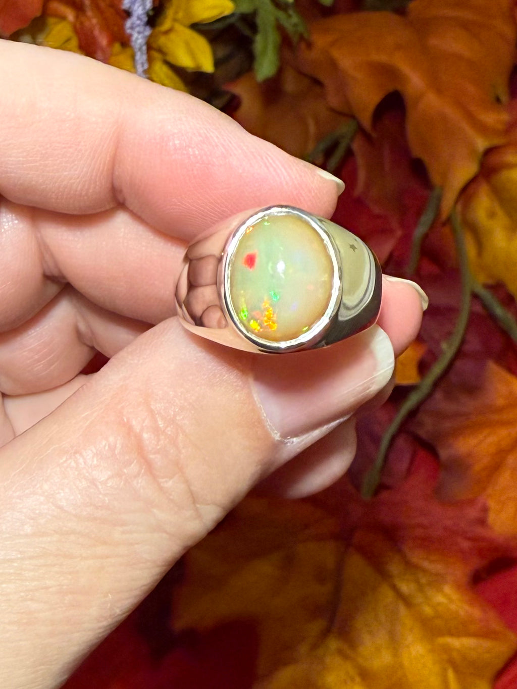 Ethiopian Opal Cabochon Sterling Silver Ring, size 8-1/4