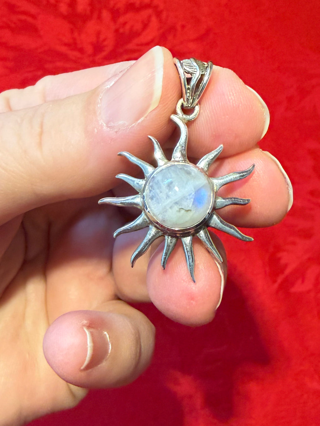 Rainbow Moonstone Sterling Silver Sun Pendant