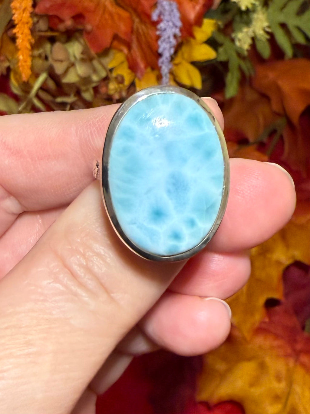 Larimar Sterling Silver Ring with Embossed Band, size 8