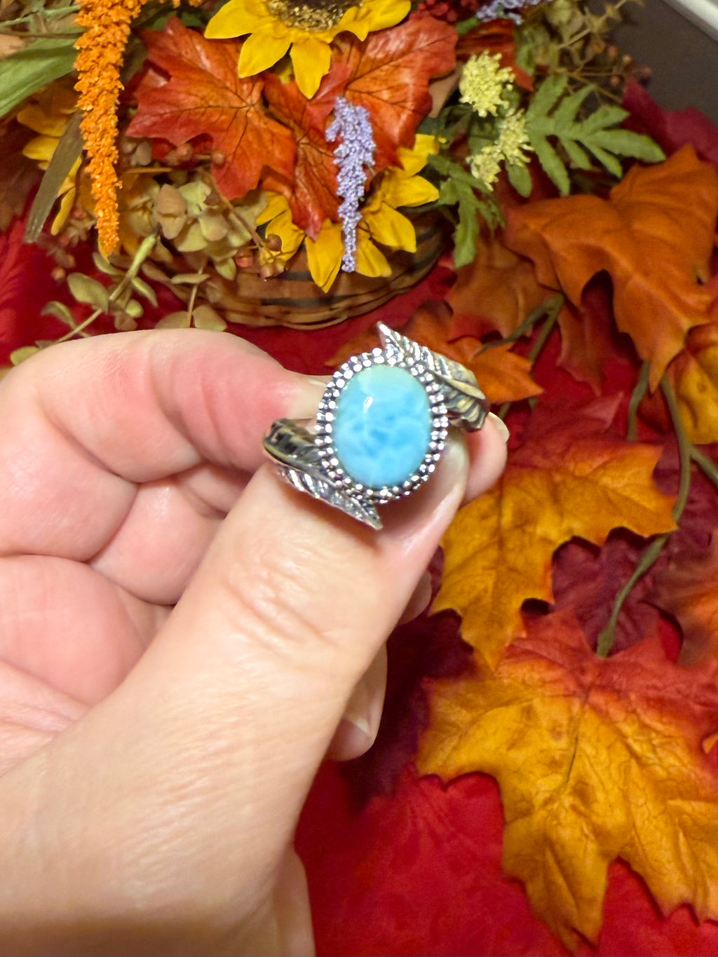 Larimar Feather Sterling Silver Ring, size 9-1/4