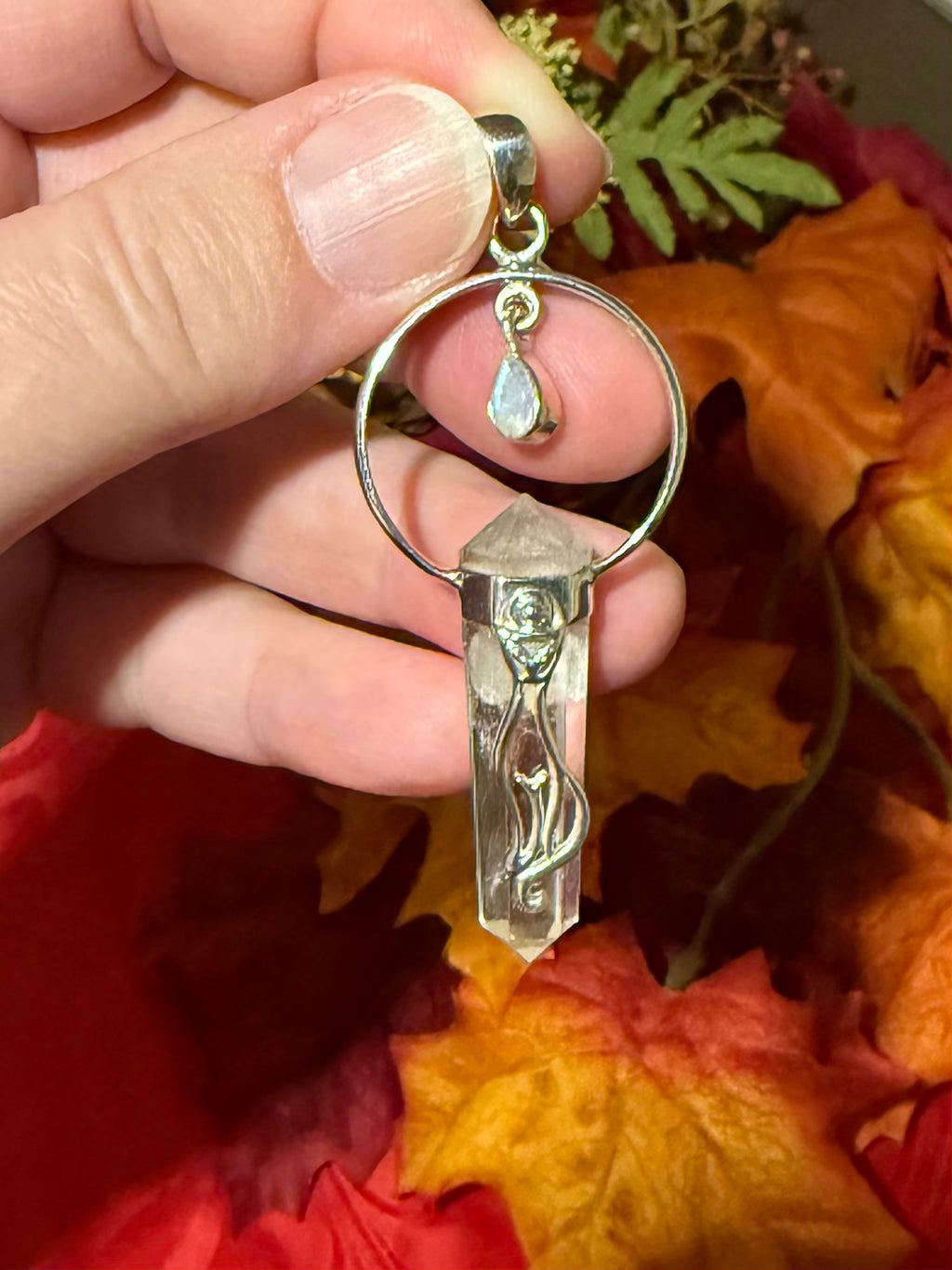 2-5/8” Clear Quartz DT Point & Dangling Rainbow Moonstone Sterling Silver Pendant