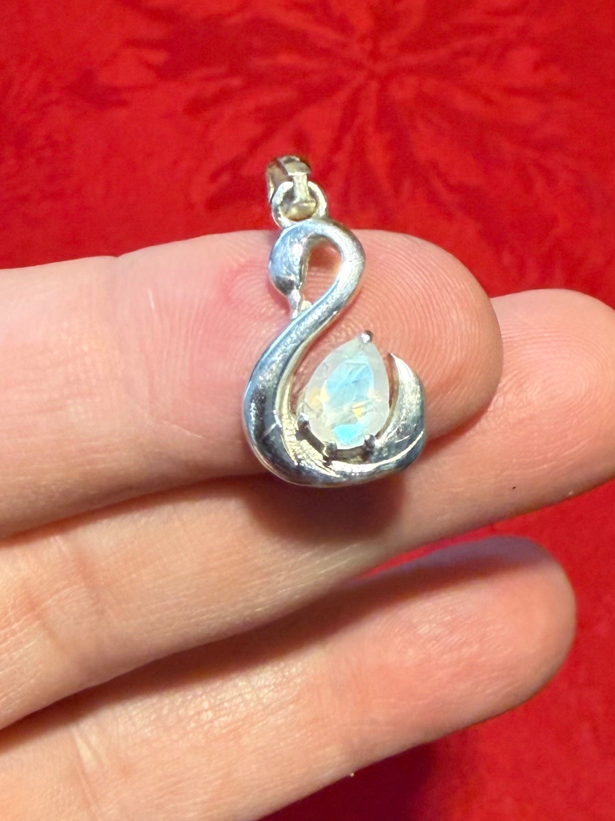 7/8” Faceted Rainbow Moonstone Sterling Silver Swan Charm Pendant