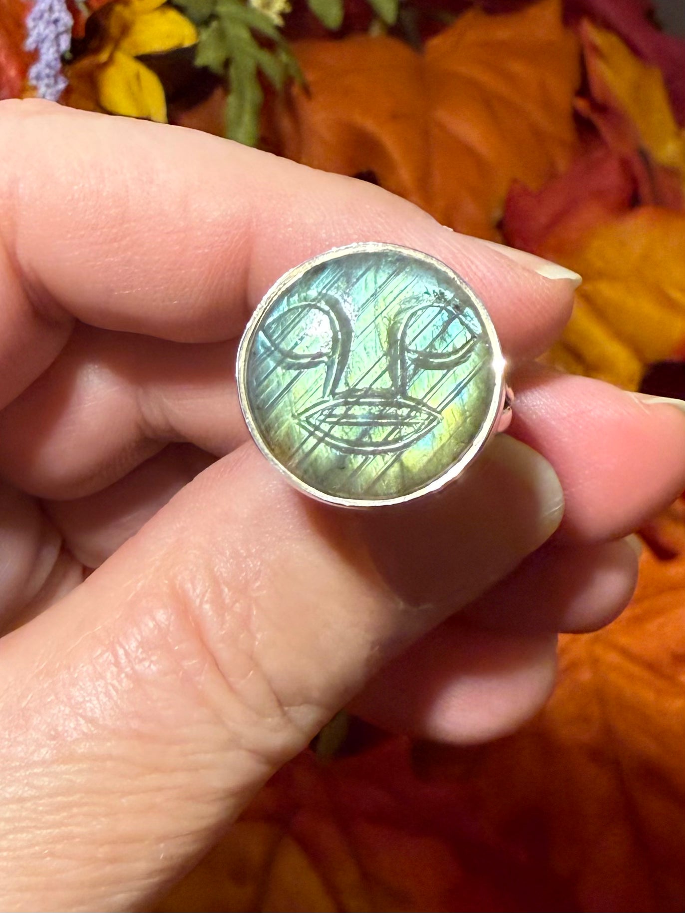 Carved Labradorite Moon Face Sterling Silver Ring, size 7-1/2