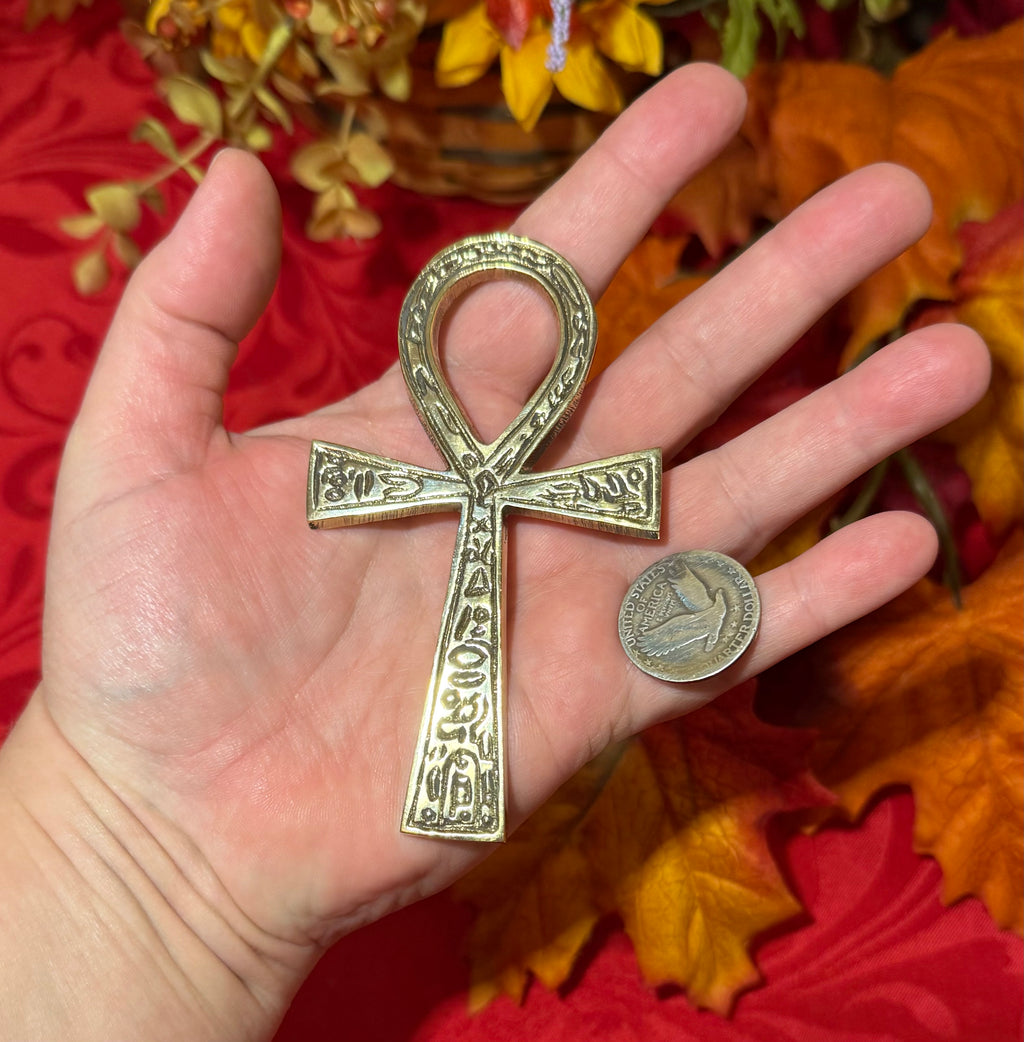 4” Solid Brass Ankh with Heiroglyphics