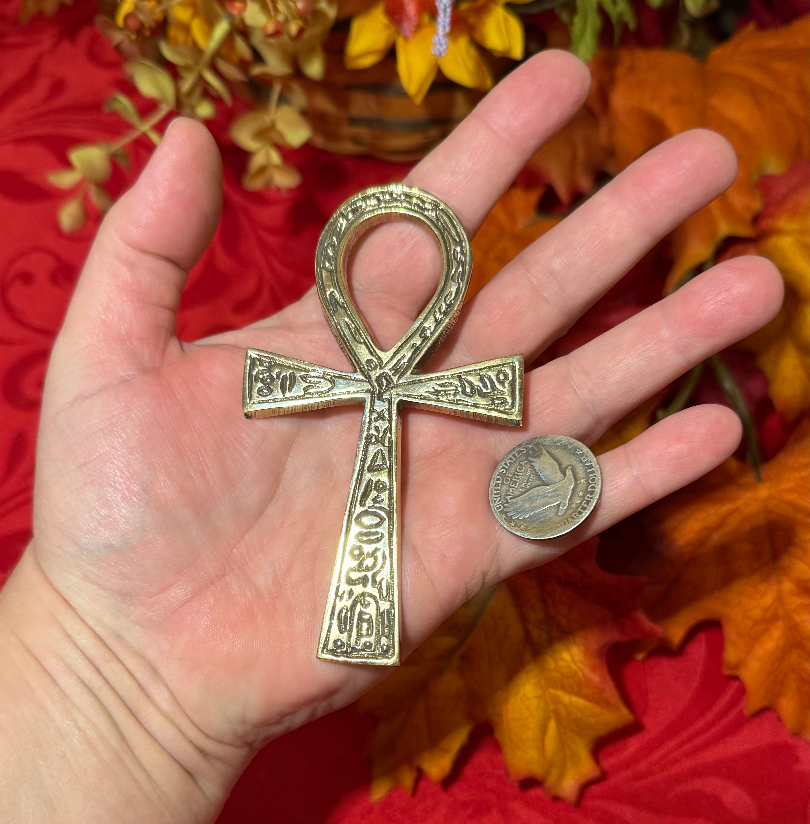 4” Solid Brass Ankh with Heiroglyphics