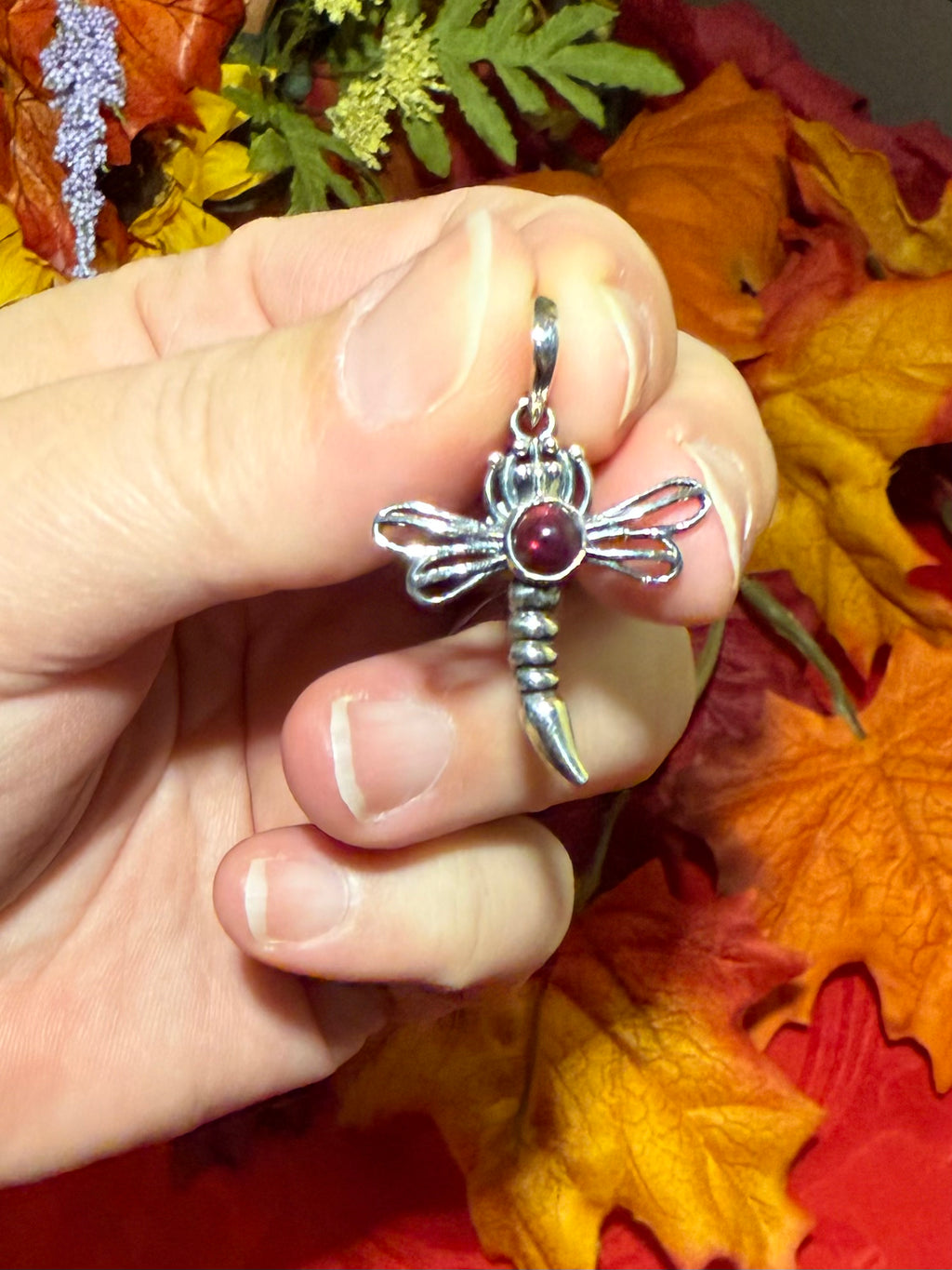 1-3/8” Garnet Dragonfly Sterling Silver Pendant