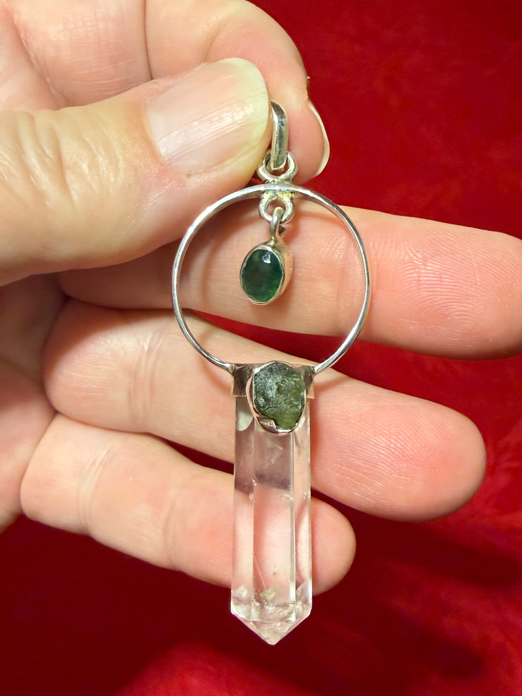 2.5” Moss Agate Rough Moldavite & Clear Quartz Point Sterling Silver Pendant