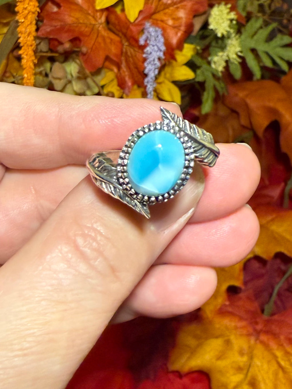 Larimar Feather Sterling Silver Ring, size 10-1/2