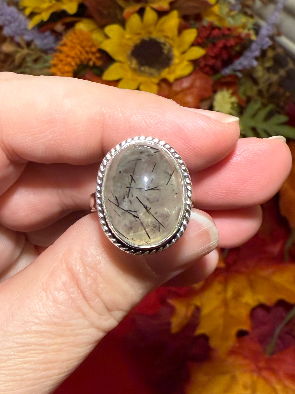 Tourmalinated Quartz Sterling Silver Ring, size 8