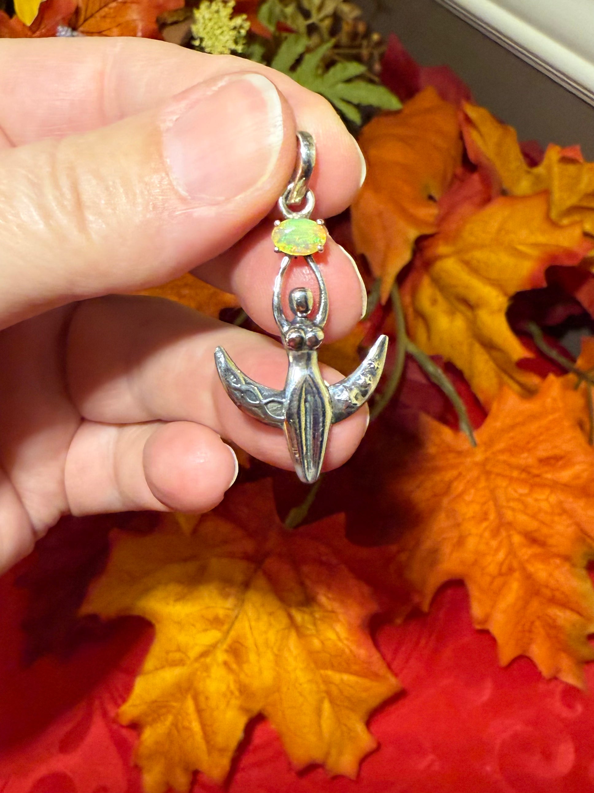 1-5/8” Faceted Ethiopian Opal Sterling Silver Goddess on Crescent Moon Pendantv