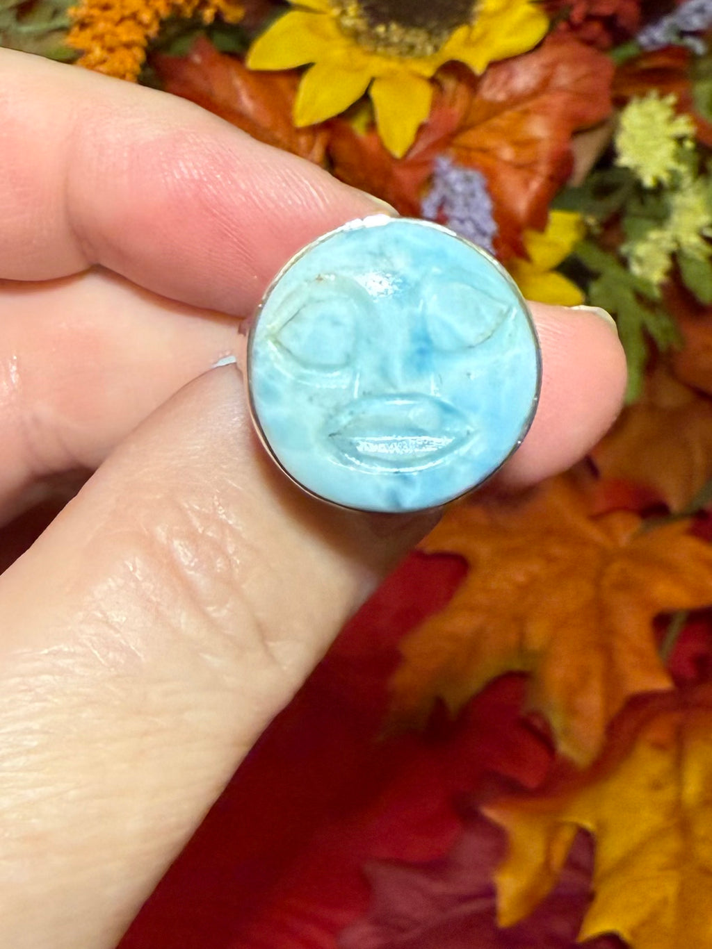 Larimar Carved Moon Face Sterling Silver Ring, size 9