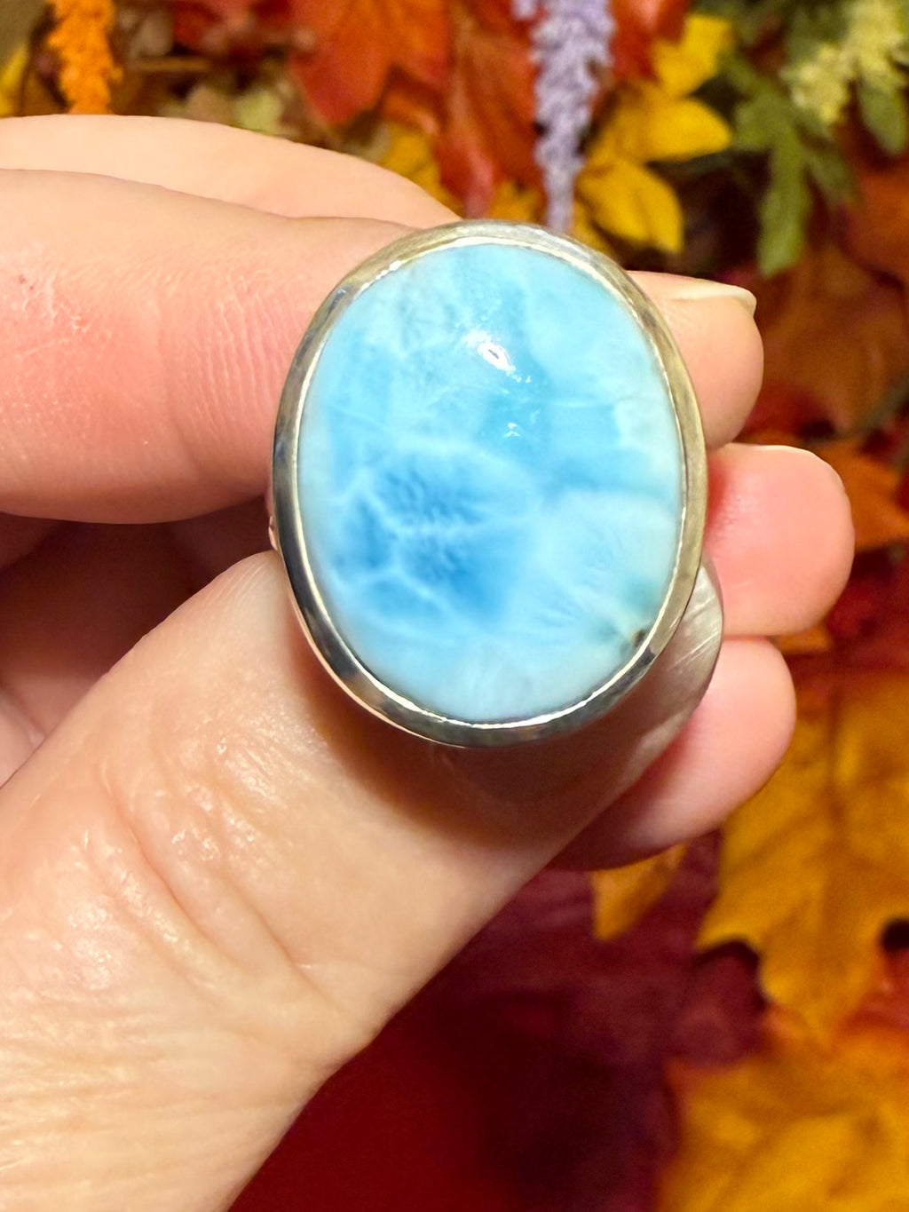 Larimar Sterling Silver Ring with Embossed Band, size 6-1/4