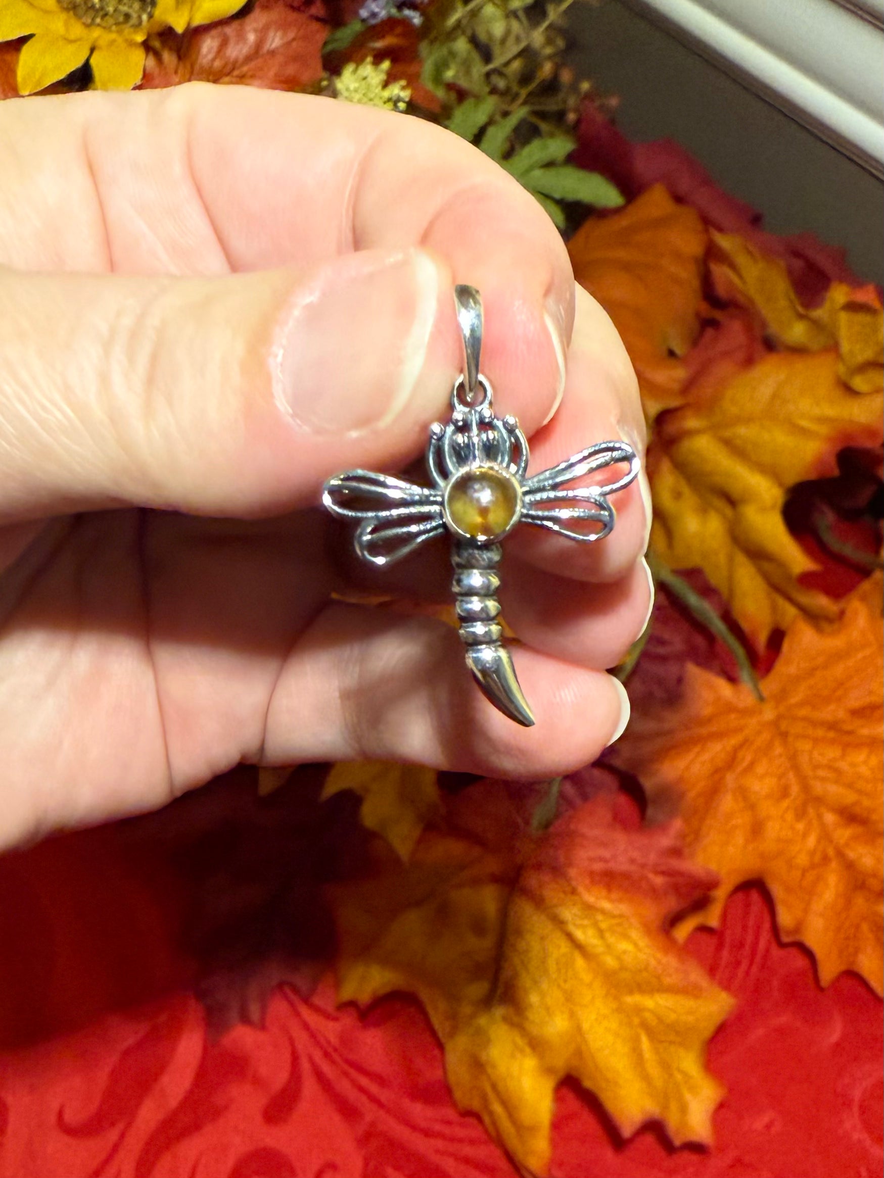 1-3/8” Amber Sterling Silver Dragonfly Pendant
