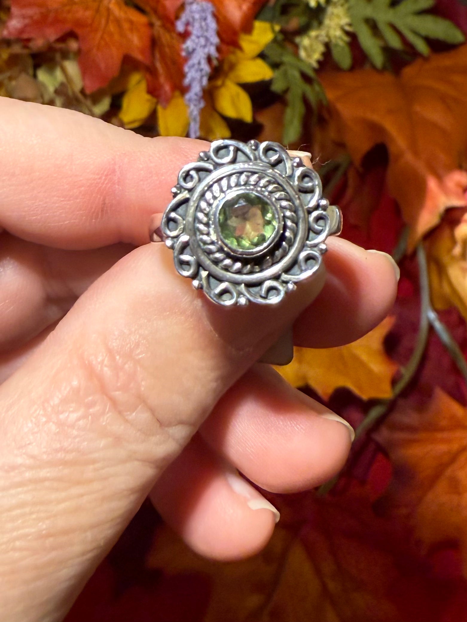 Faceted Genuine Moldavite Sterling Silver Ring, size 9-1/4