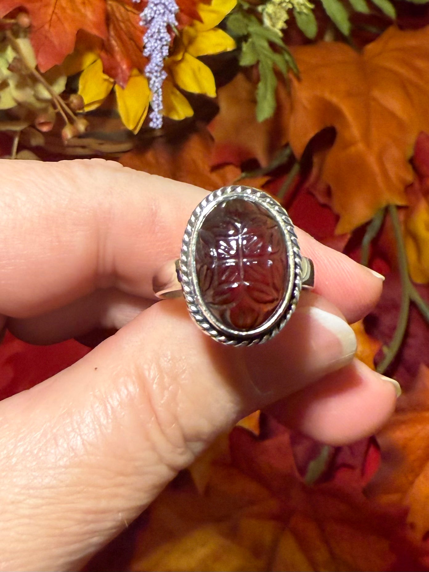 Carved Hessonite Garnet Sterling Silver Ring, size 9