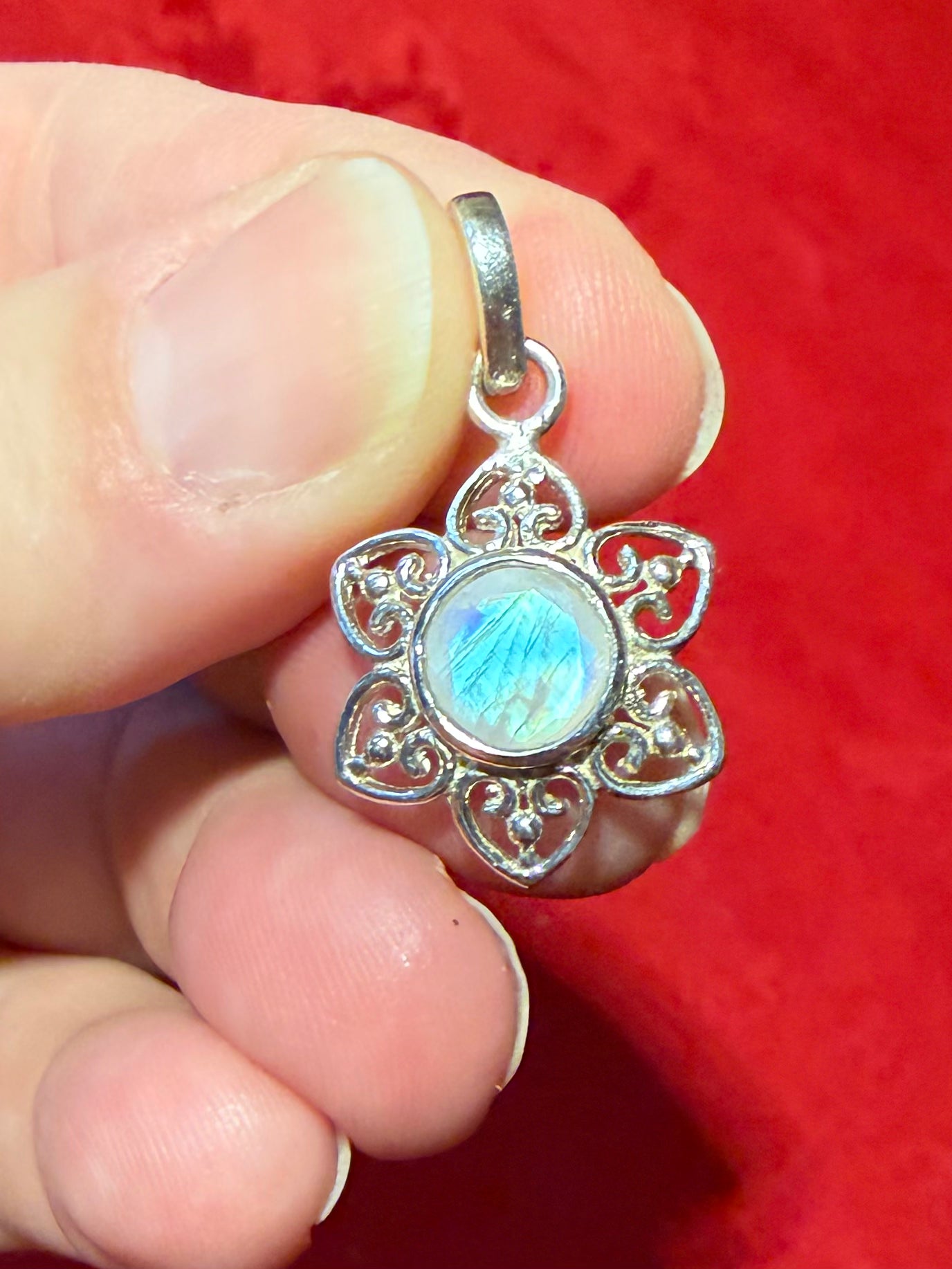 1-1/8” Faceted Rainbow Moonstone Sterling Silver Pendant