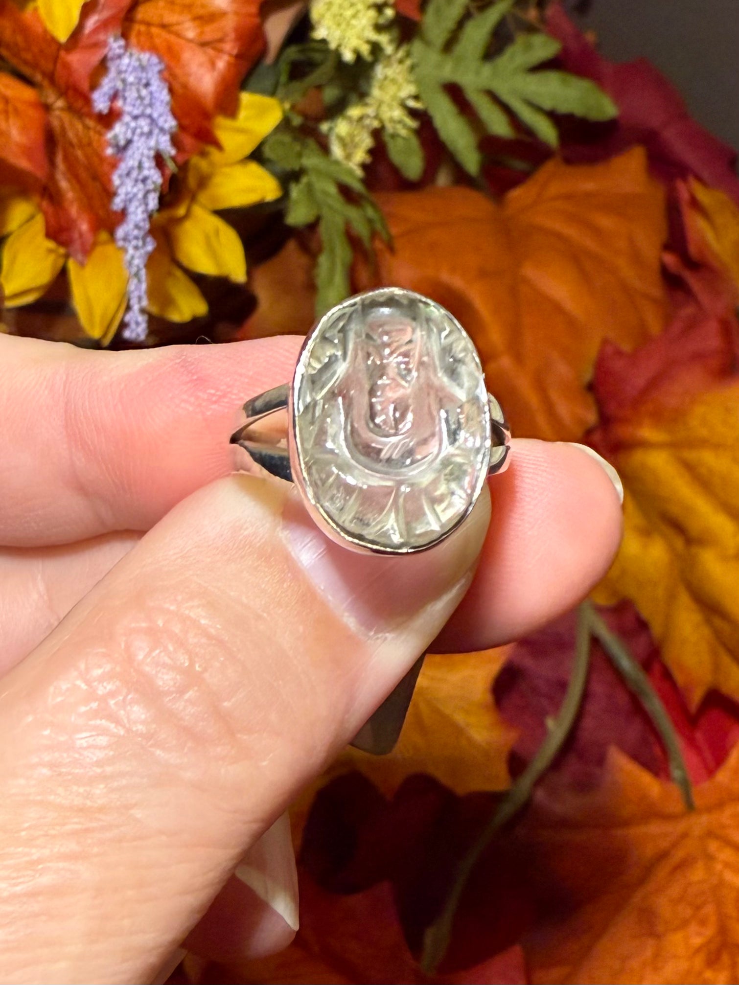 Clear Quartz Carved Ganesha Sterling Silver Ring, size 8-1/2