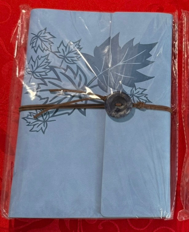 Blue Leather Maple Leaf Embossed Journal Crystal Button Closure