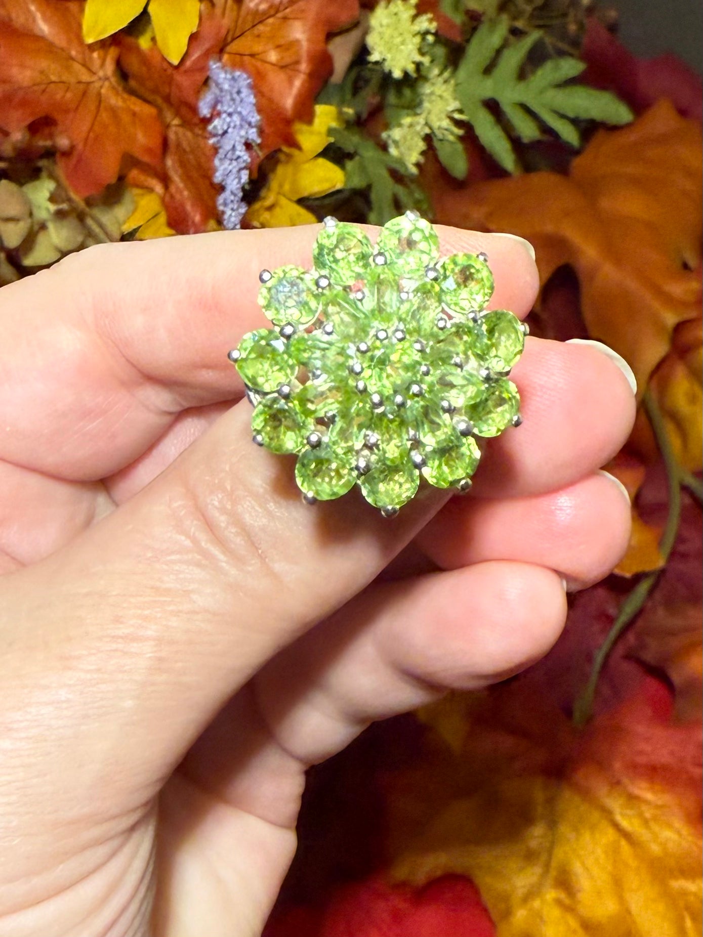 Faceted Peridot Sterling Silver Cocktail Ring, size 9