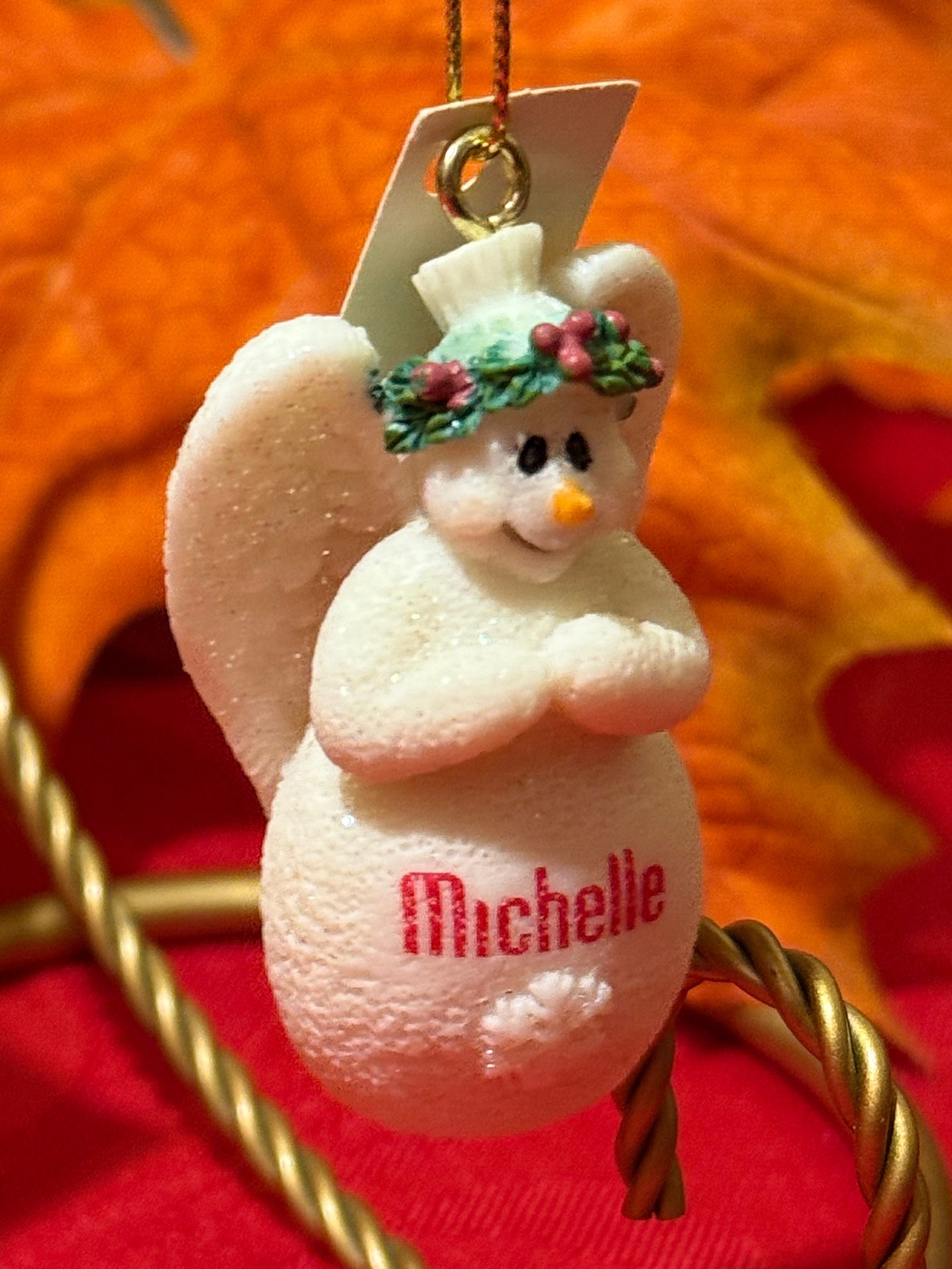Ganz Name “Michelle” Porcelain Glitter Snowman Angel Ornament