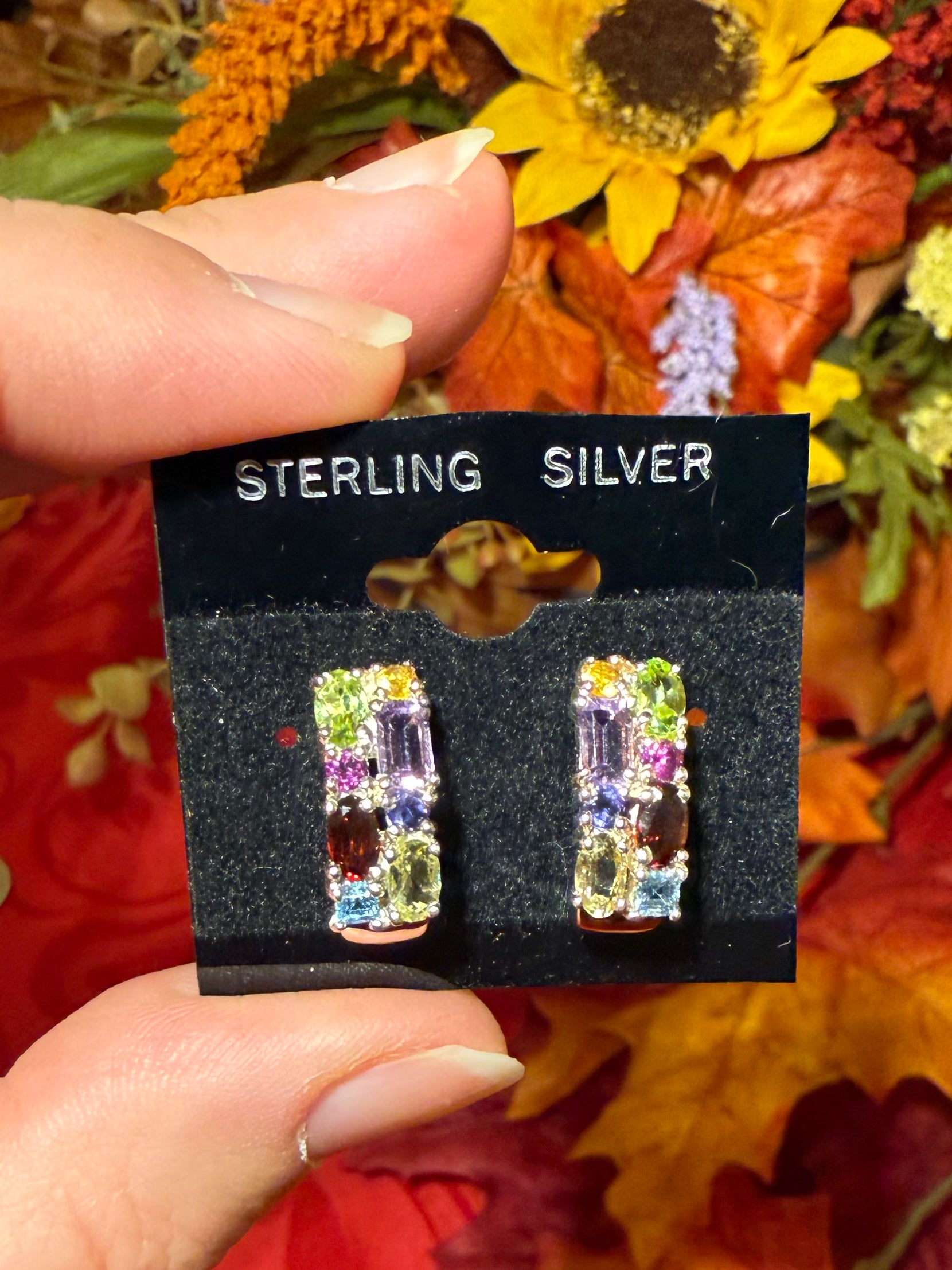 Faceted Multi Gemstones Sterling Silver Open Hoop Style Pierced Post Earrings