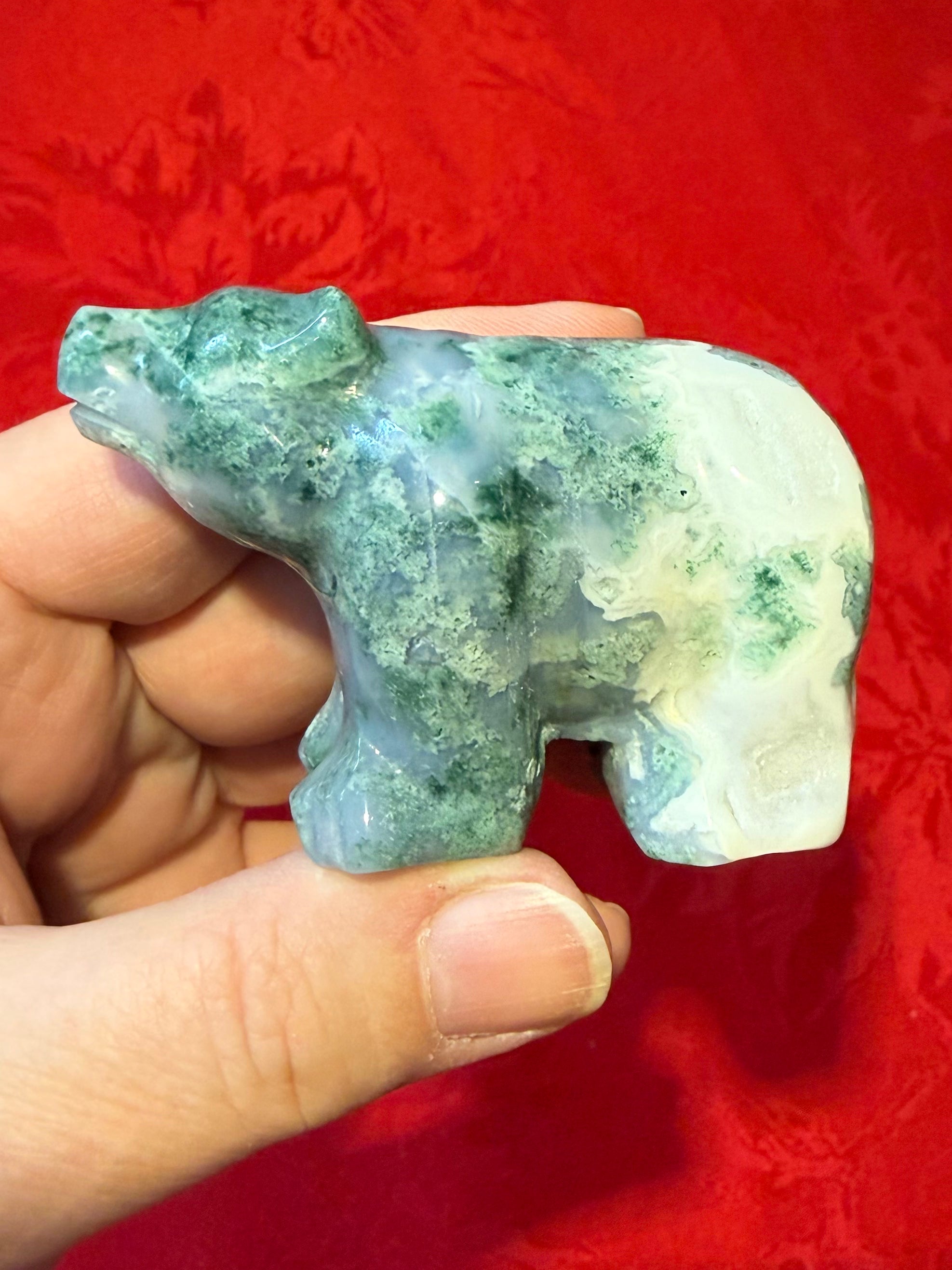 Moss Agate Carved Bear