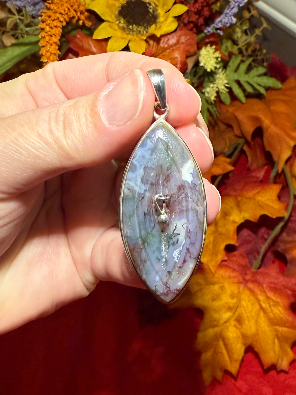 2-3/8” Moss Agate Sterling Silver Pierced Yoni Pendant