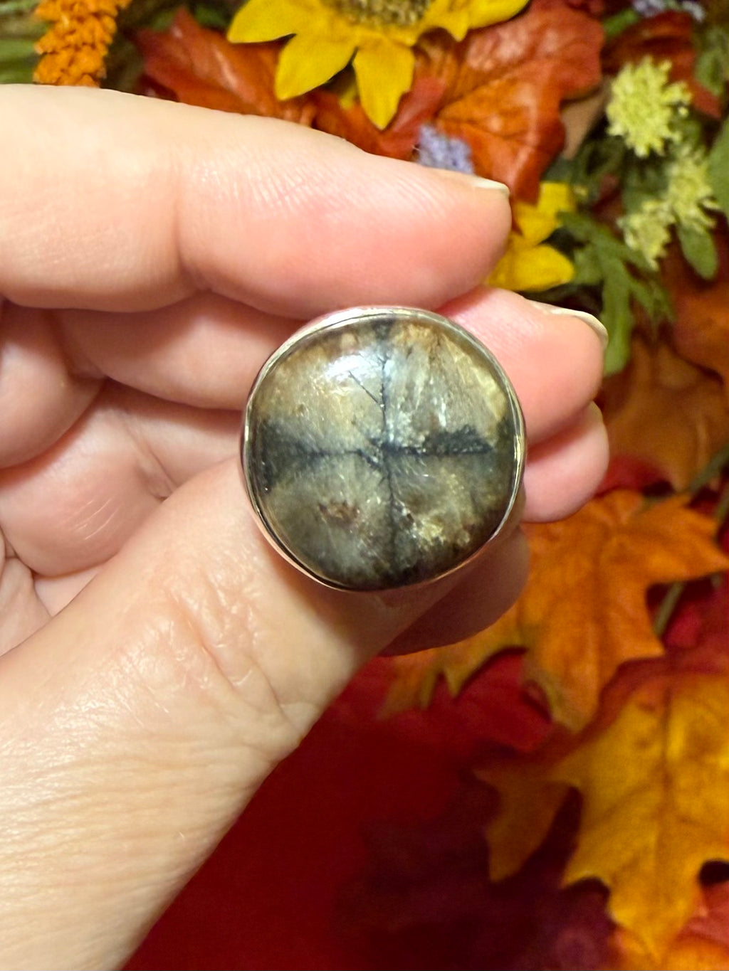 Chiastolite Andalusite Fairy Cross Sterling Silver Ring, size 8