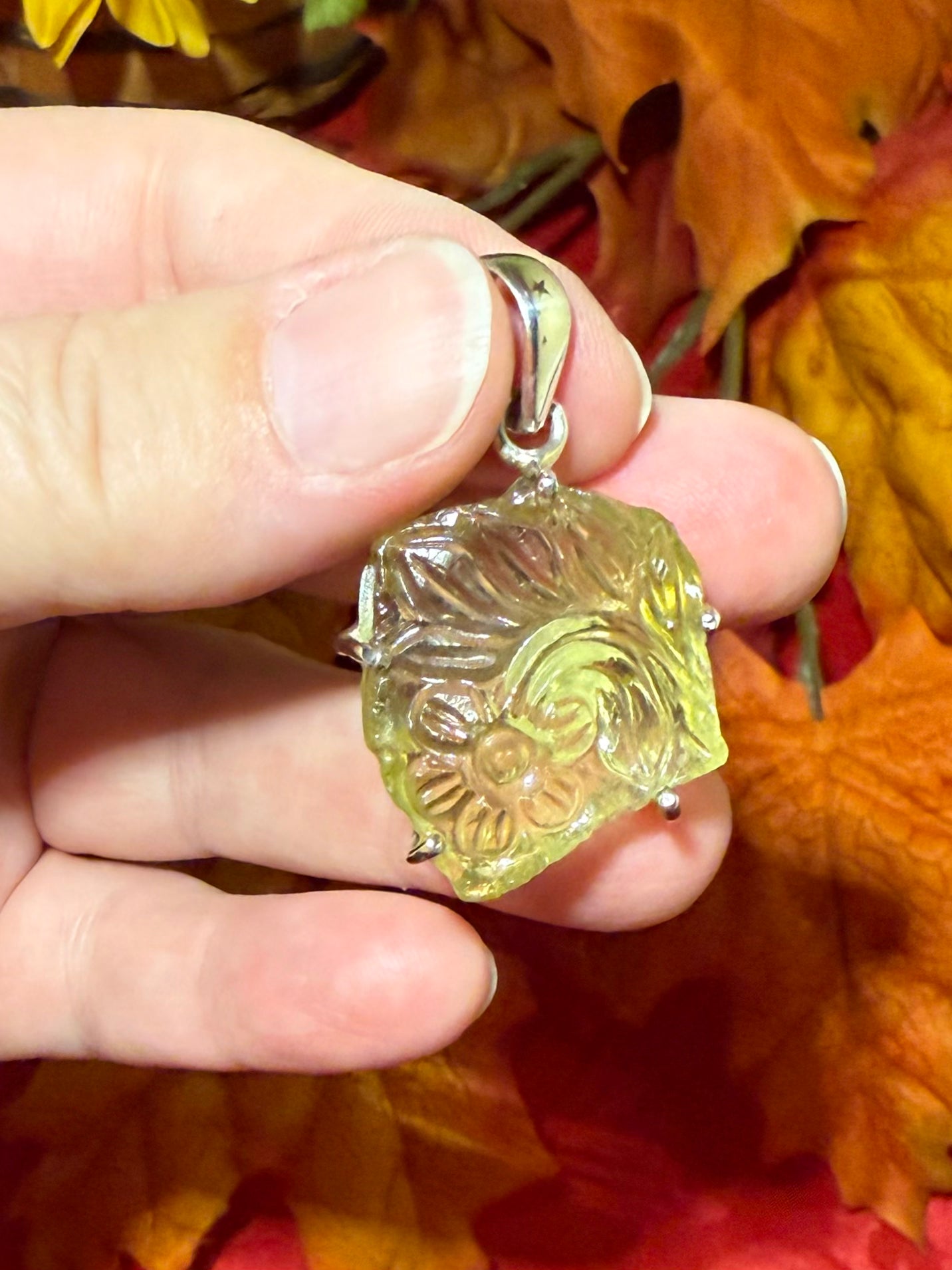 1.75” Carved Lemon Quartz Sterling Silver Pendant