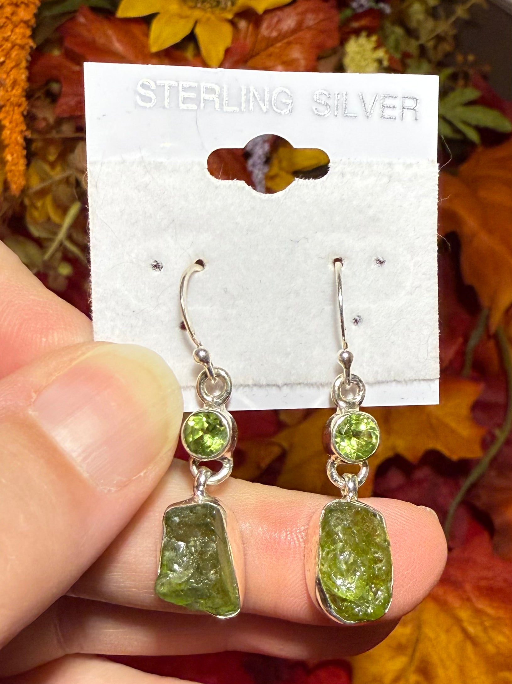 Rough and Faceted Peridot Sterling Silver Pierced Dangle Earrings