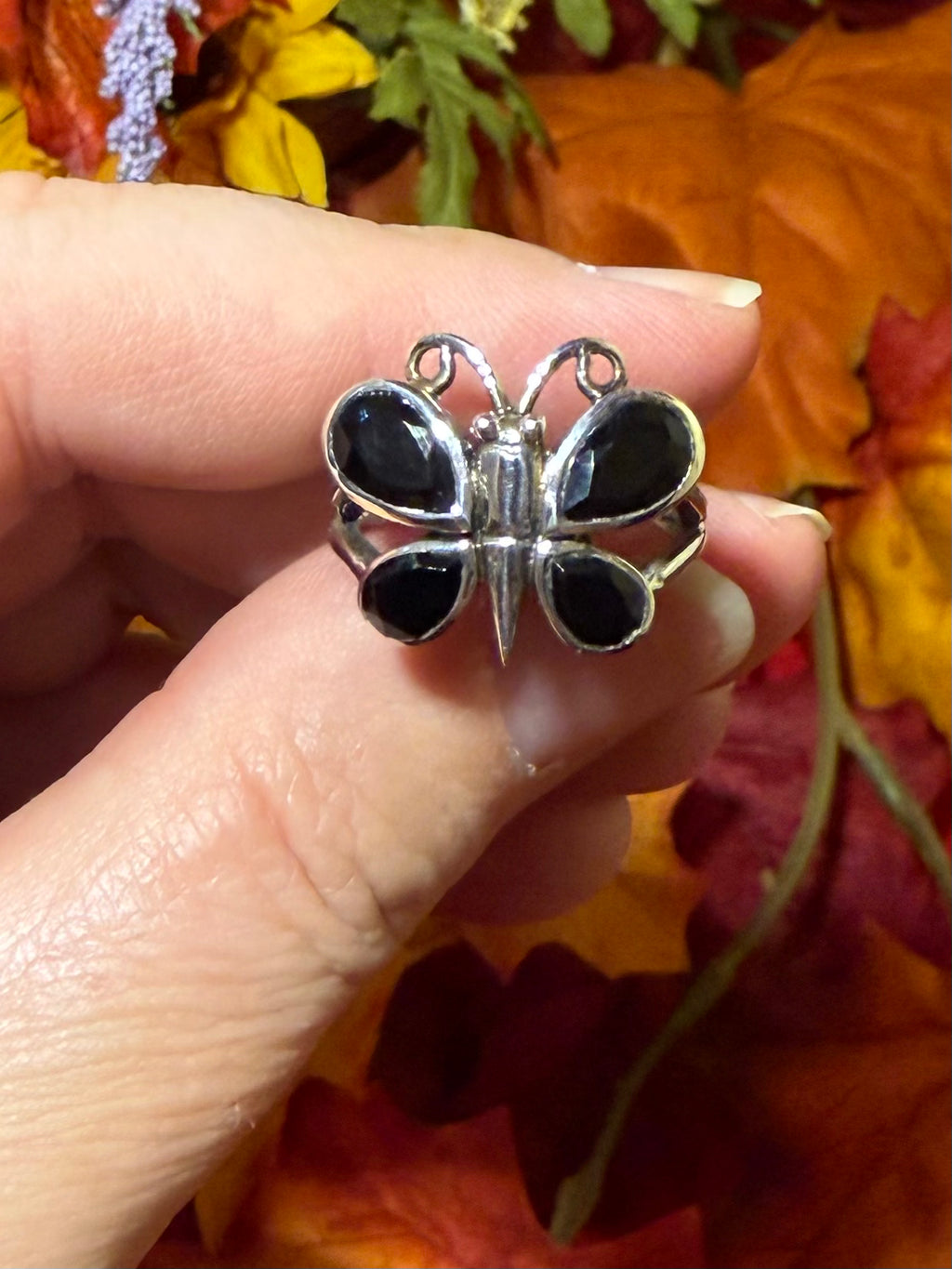 Faceted Black Onyx Sterling Silver Butterfly Ring, size 7-1/2