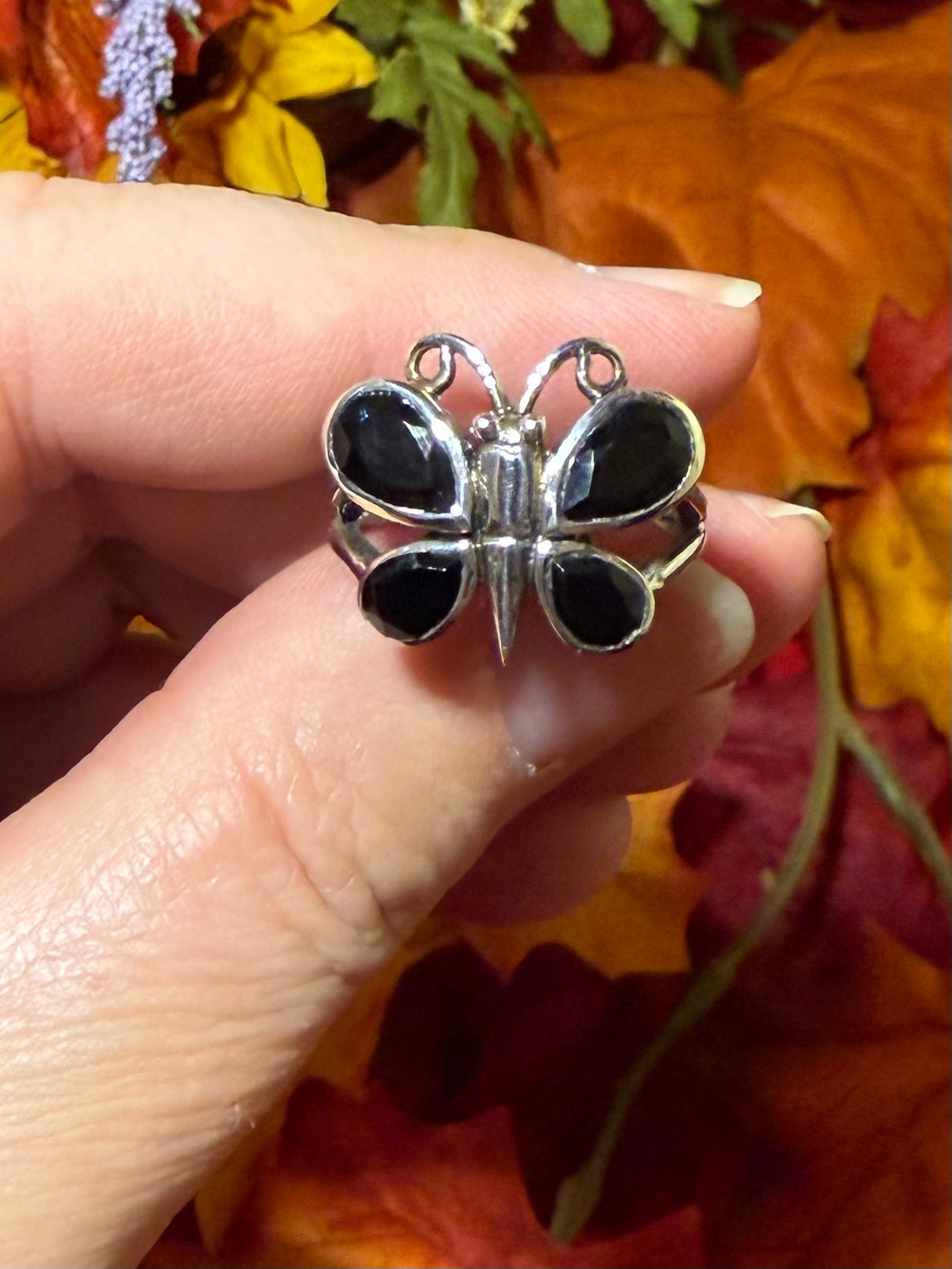 Faceted Black Onyx Sterling Silver Butterfly Ring, size 7-1/2