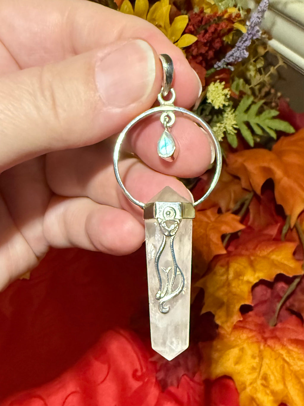 2-7/8” Rose Quartz DT Point & Dangling Rainbow Moonstone Sterling Silver Cat Pendant