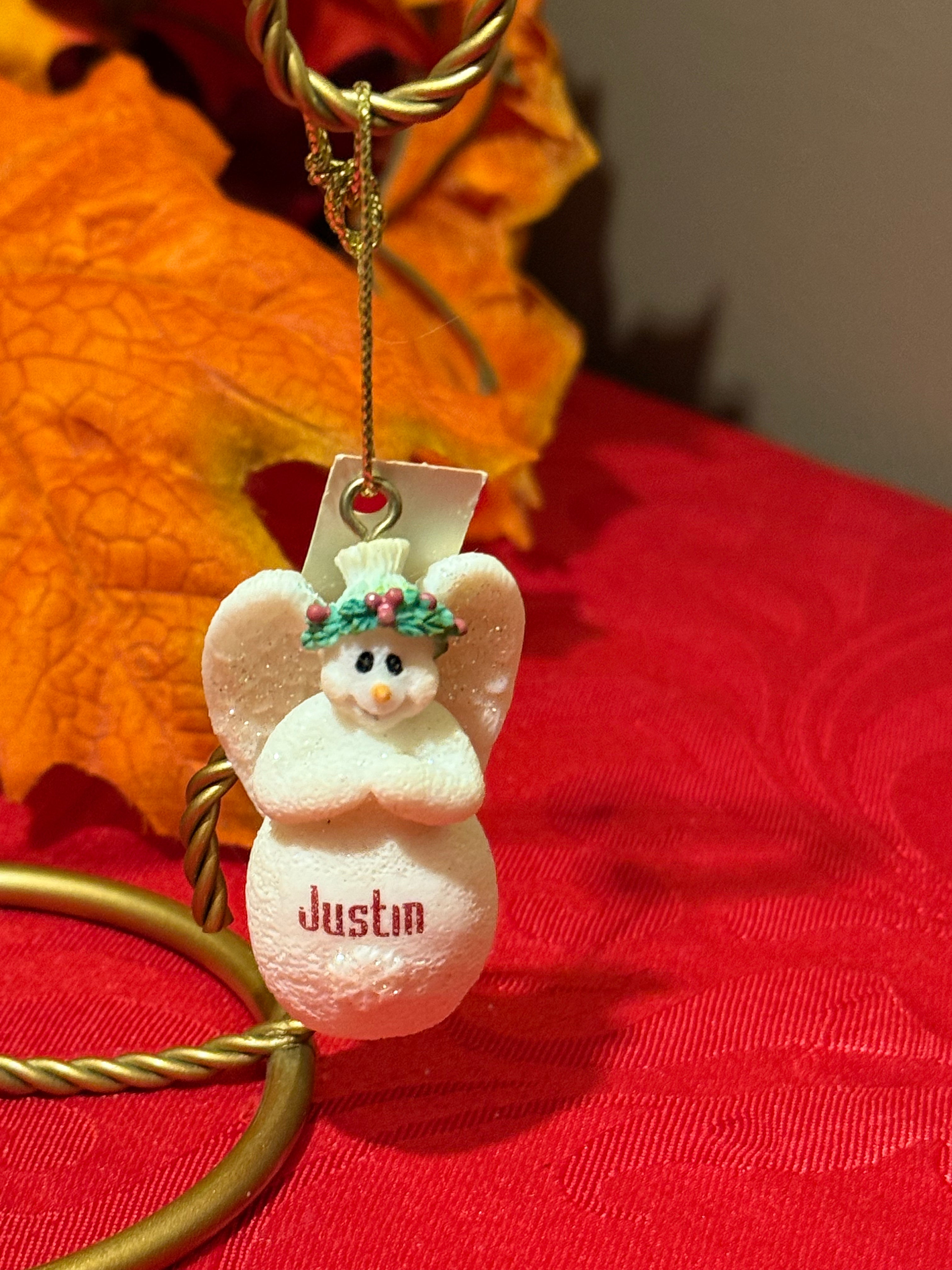 Ganz Name “Justin” Porcelain Glitter Snowman Angel Ornament
