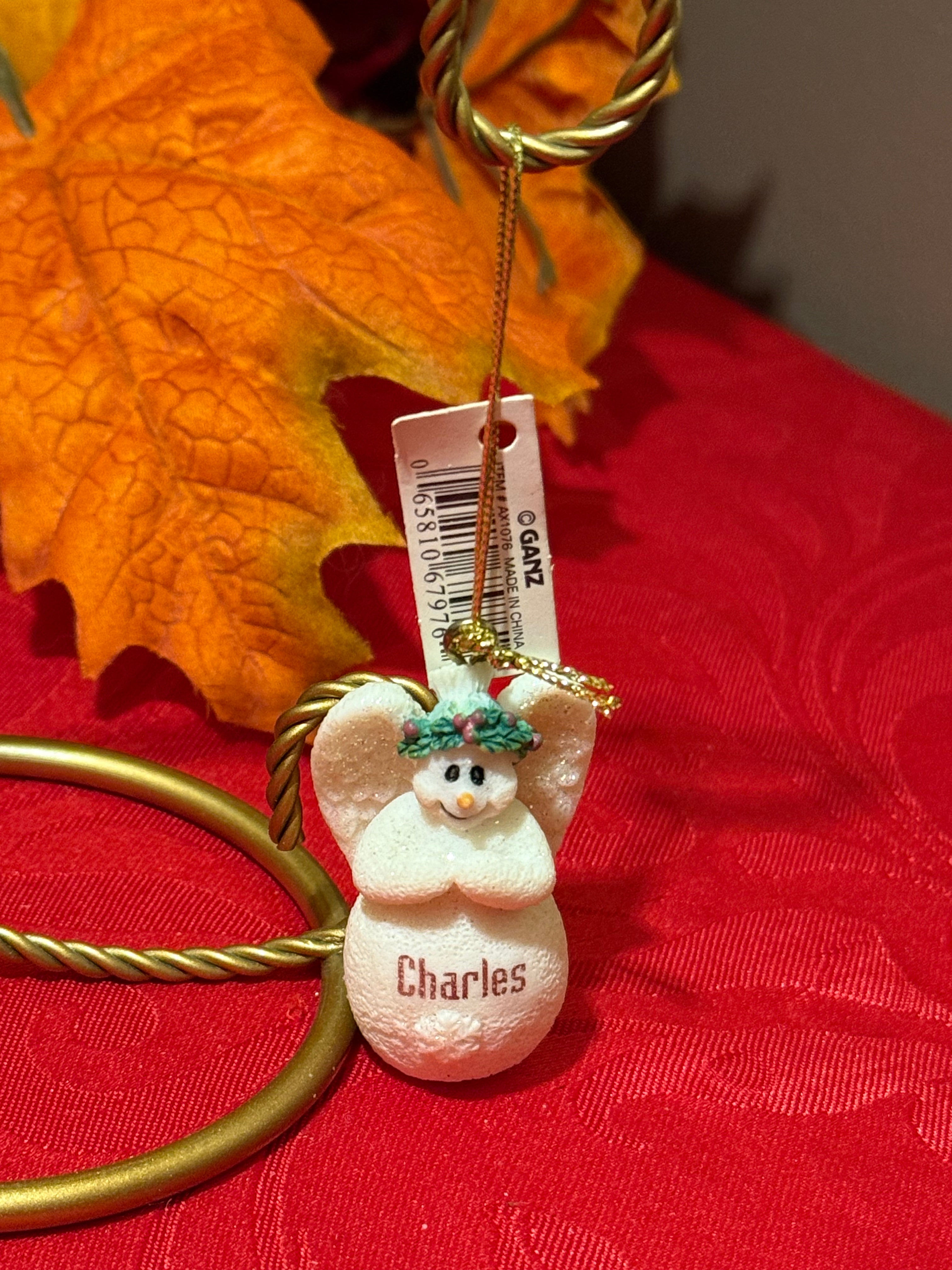 Ganz Name “Charles” Porcelain Glitter Snowman Angel Ornament