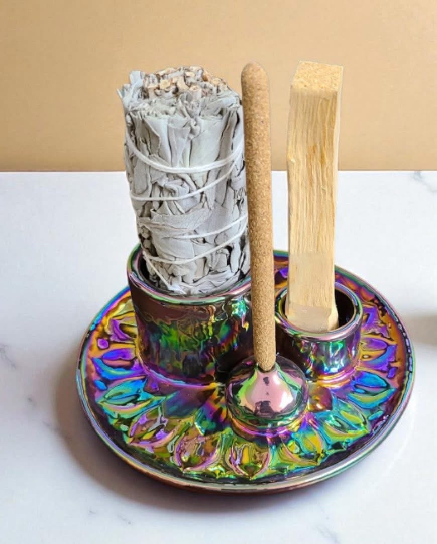 5” Rainbow Iridescent Glazed Ceramic Sage Smudge, Palo Santo & Incense Stick Holder Burner