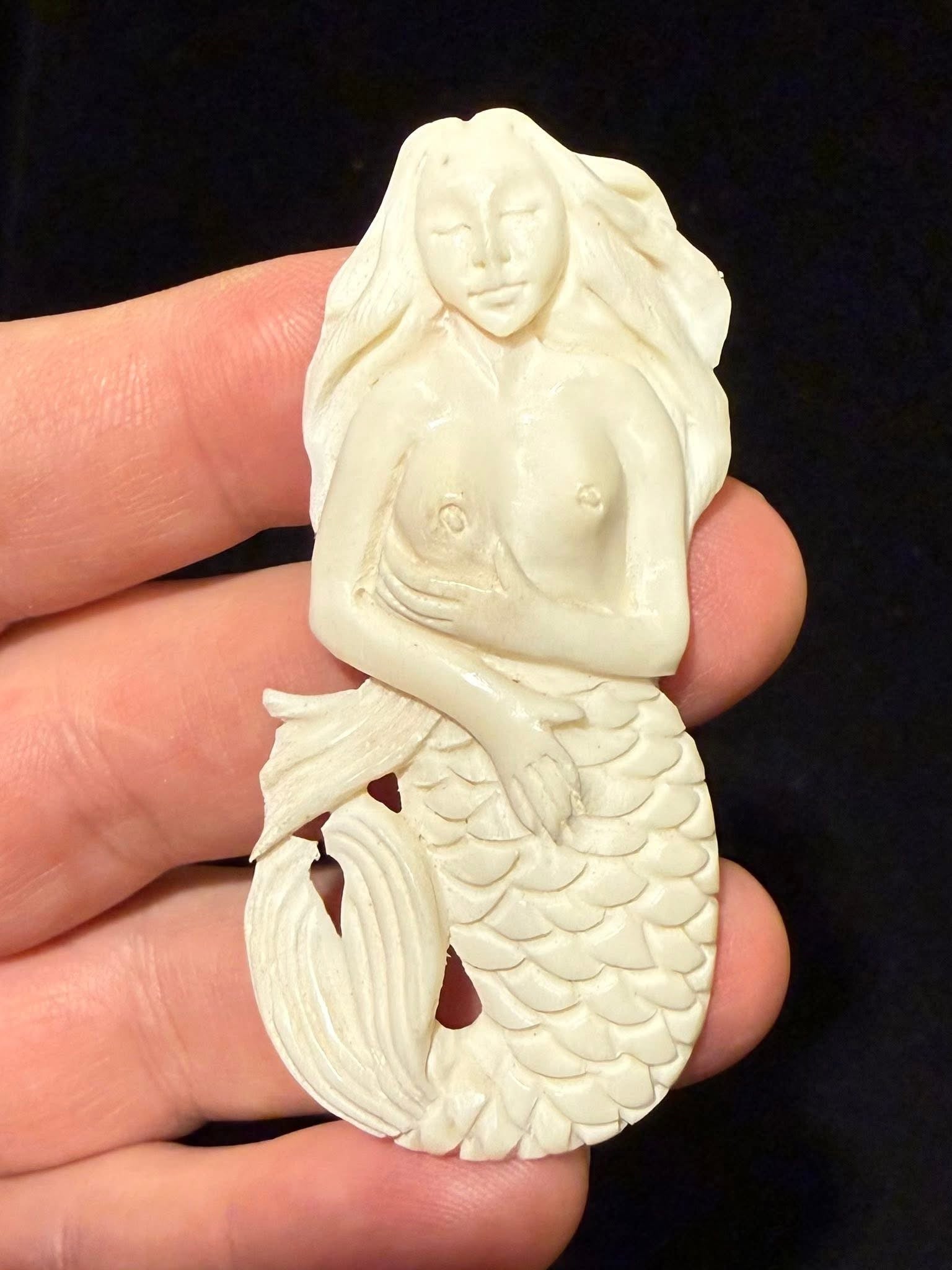 2-3/8” Carved Buffalo Bone Mermaid Cameo
