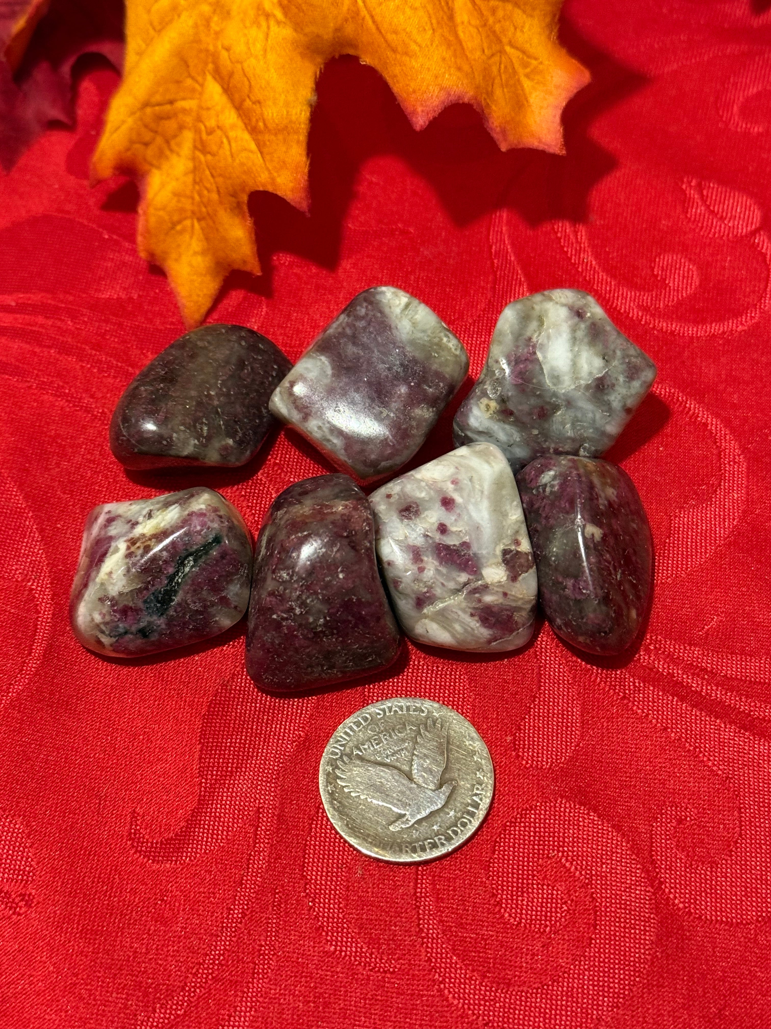 Rubellite in Albite with Smoky Quartz Tumbled Polished Stone
