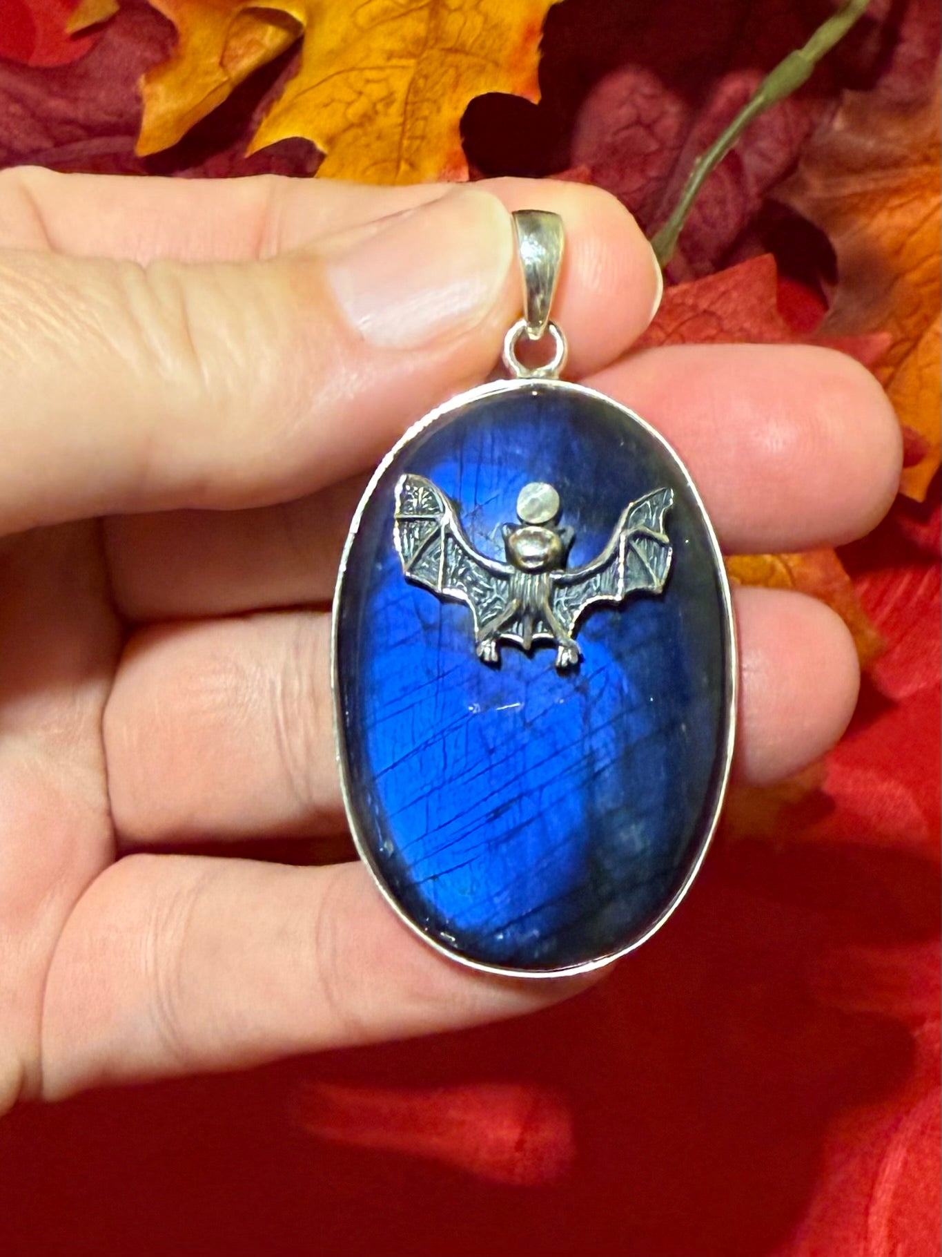 2.25” Labradorite Sterling Silver Bat Pendant