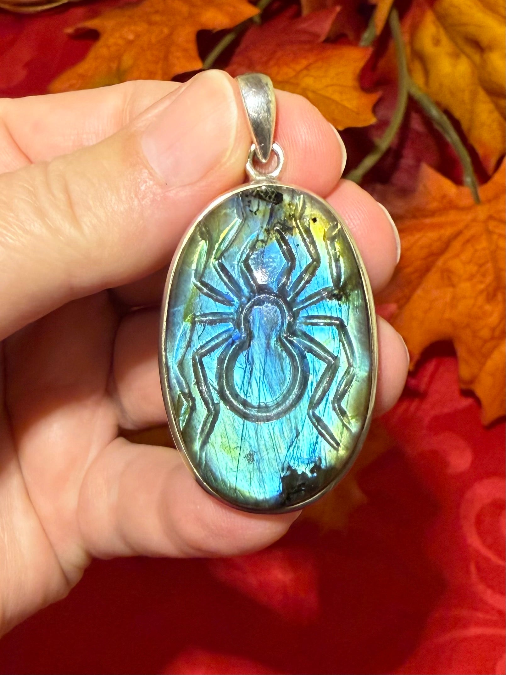 2-1/8” Labradorite Carved Spider Sterling Silver Pendant